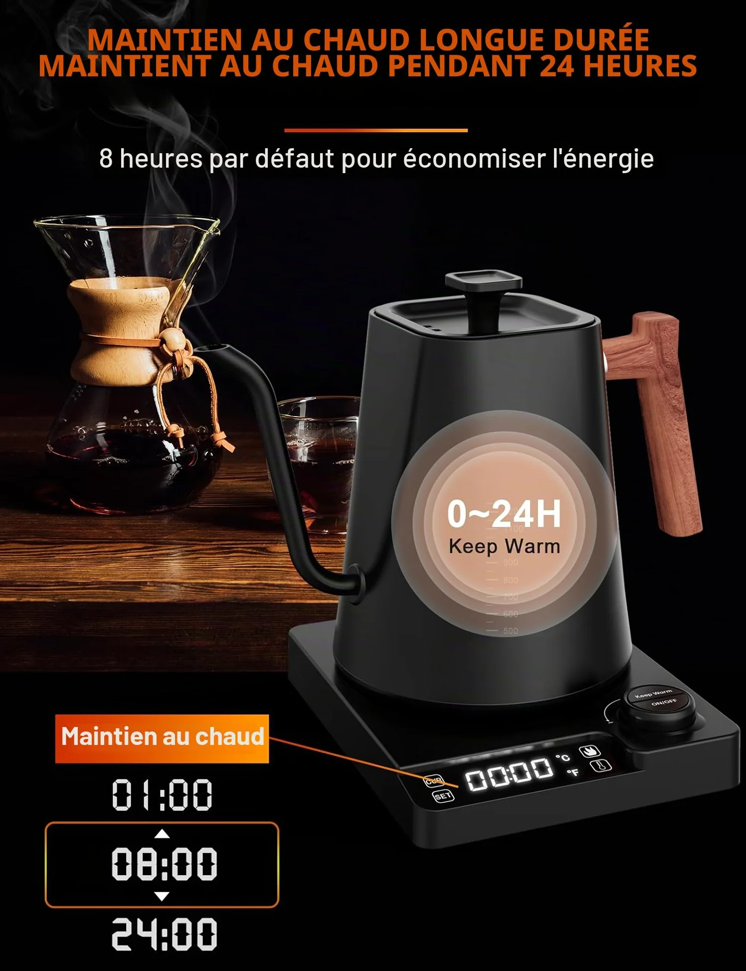 Bouilloire électrique 1L en acier inoxydable avec réglage de la température, col de cygne Bouilloire, fonction de chaleur 24 heures, bouilloire électrique avec affichage de la température, 1200W