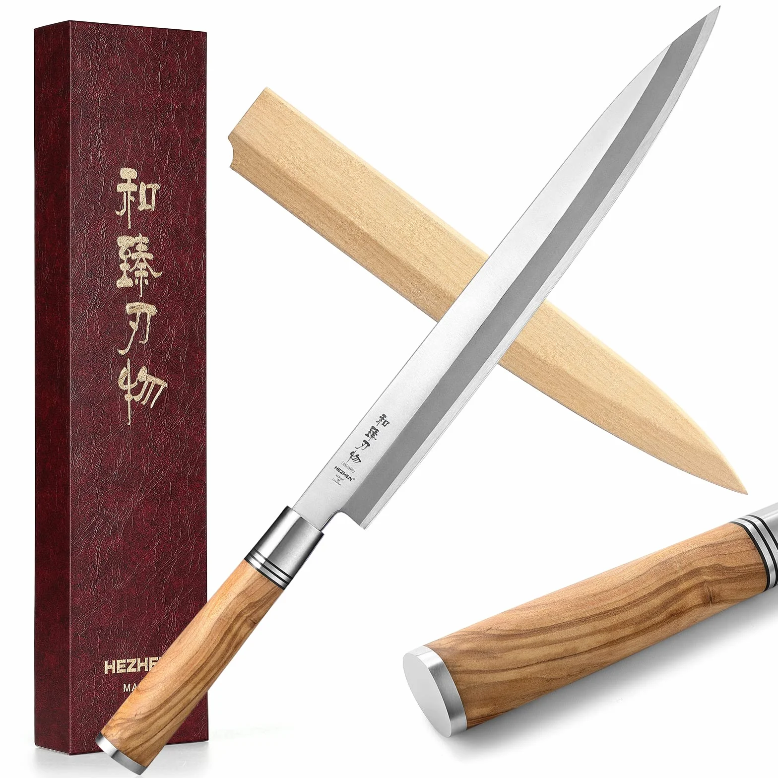 Couteau Yanagiba HEZHEN 300 mm, acier forgé, manche bois