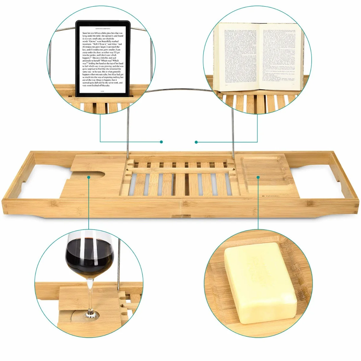 Navaris Pont de Baignoire Bambou - Plateau de Bain Extensible 70-104 cm avec Support Rangement Tablette Livre téléphone Verre de vin Bougie
