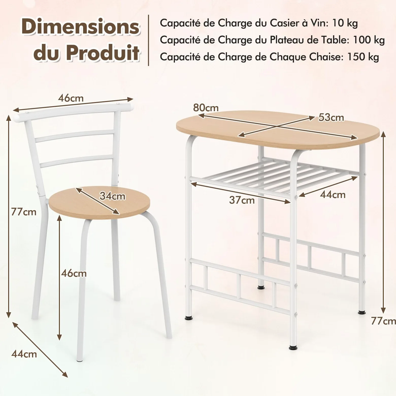 COSTWAY Table de Cuisine avec Chaise pour 2 Personnes, Table Cuisine Petit Espace avec Porte-Bouteilles, Table à Manger Ronde Cadre en Métal pour Bistro, Jardin, Balcon (Naturel)