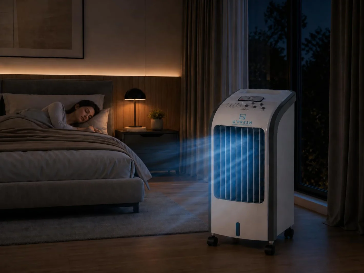 O'FRESH Rafraichisseur d'air silencieux - Portable grace à ses roulettes - Ventilateur à évaporation, rafraichit instantanément - Télécommande - Timer - Assainit l'air ambiant des polens et poluants