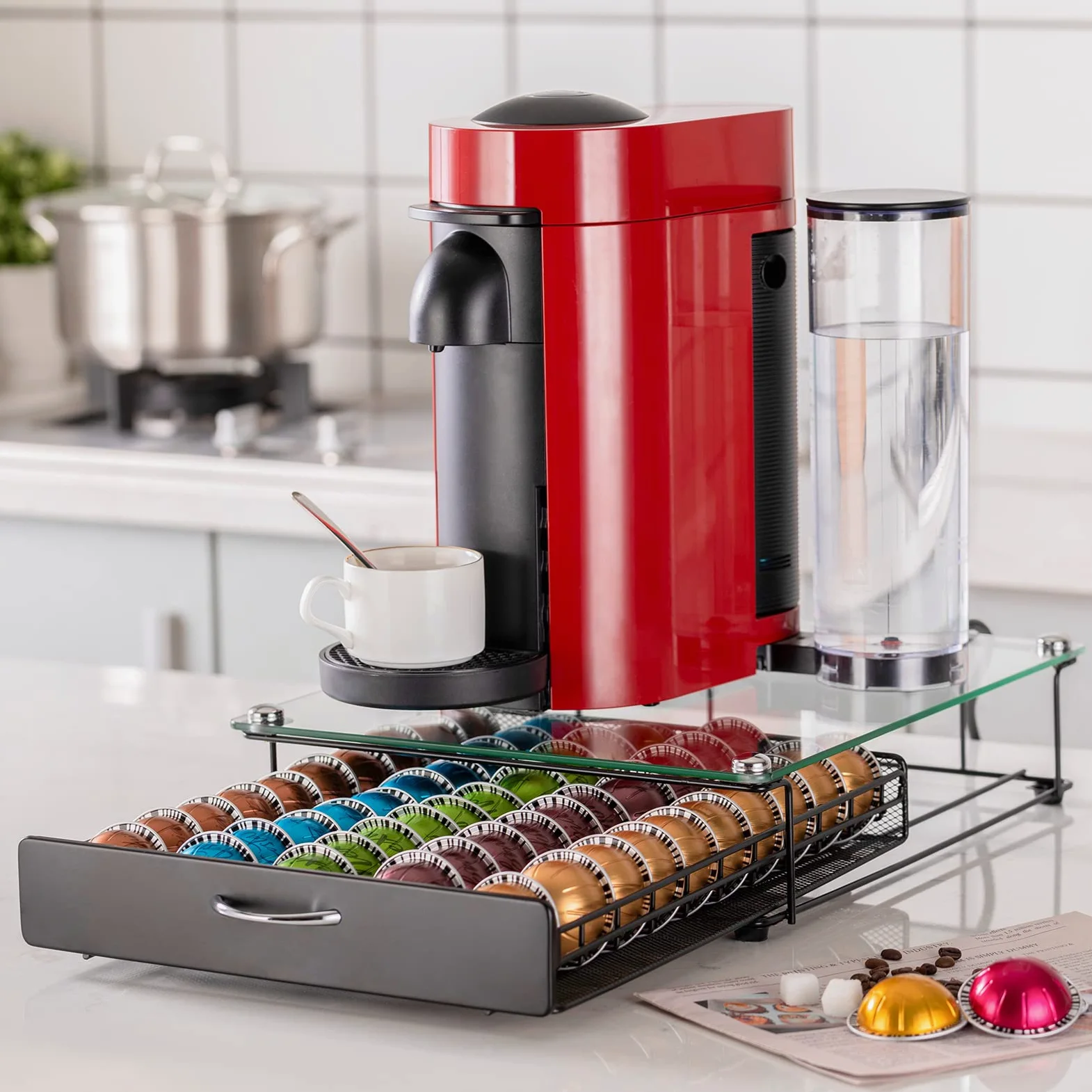 Vertuo Support de capsules de café avec tiroir en verre pour placard Vertuoline pour comptoir Classe 50 dosettes (avec poignée)