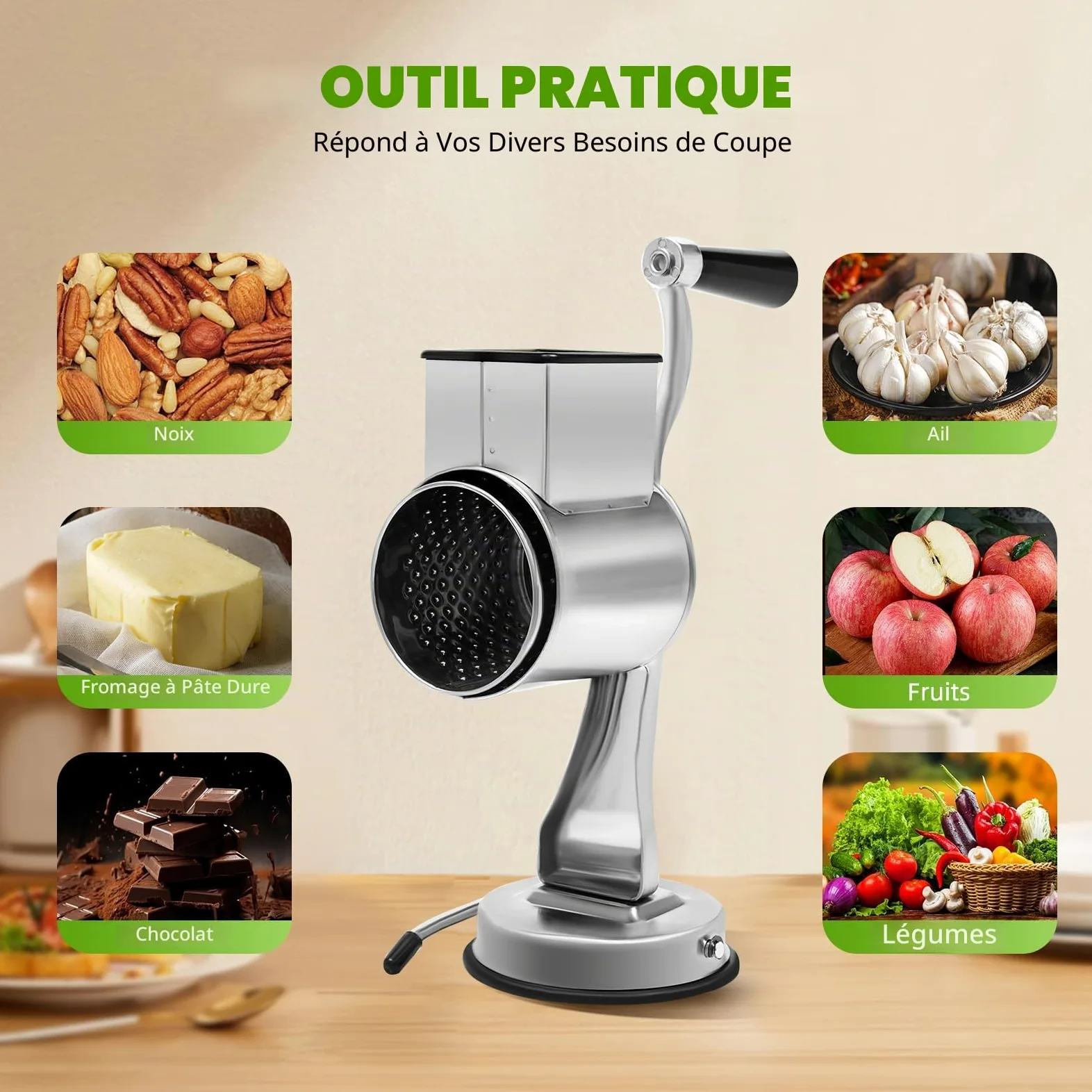Râpe à tambour en aluminium - En acier inoxydable - Mandoline manuelle - Râpe à pommes de terre - Râpe à fromage avec manivelle et 5 tambours - Pour légumes, oignons, carottes, noix