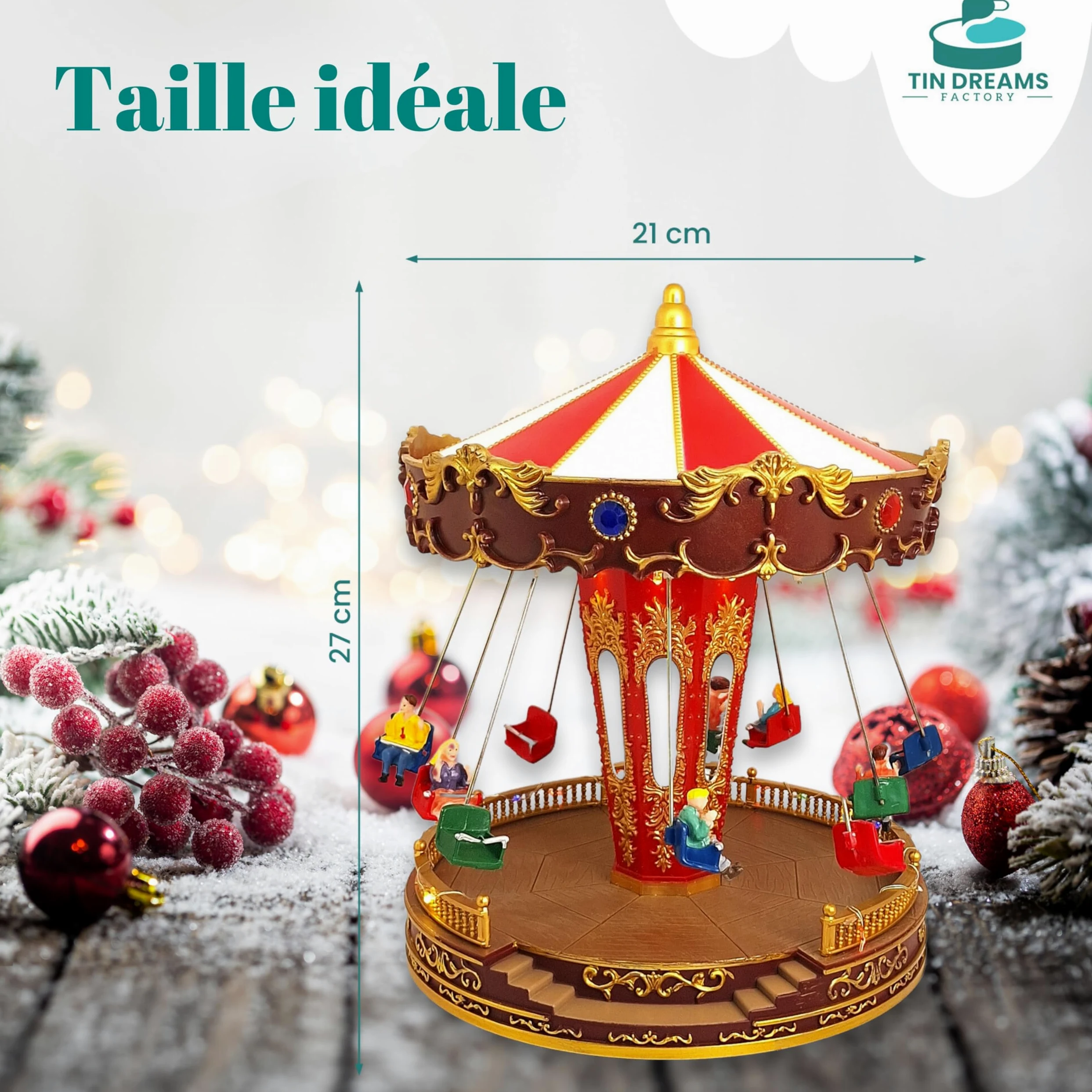 TIN Dreams | Carrousel de Noël Musical avec Mouvement, Lumières LED et Balançoires | Manège de Noël Animé | Décoration Village de Noël, Scène Miniature, Maison Illuminée | Déco Christmas Élégant