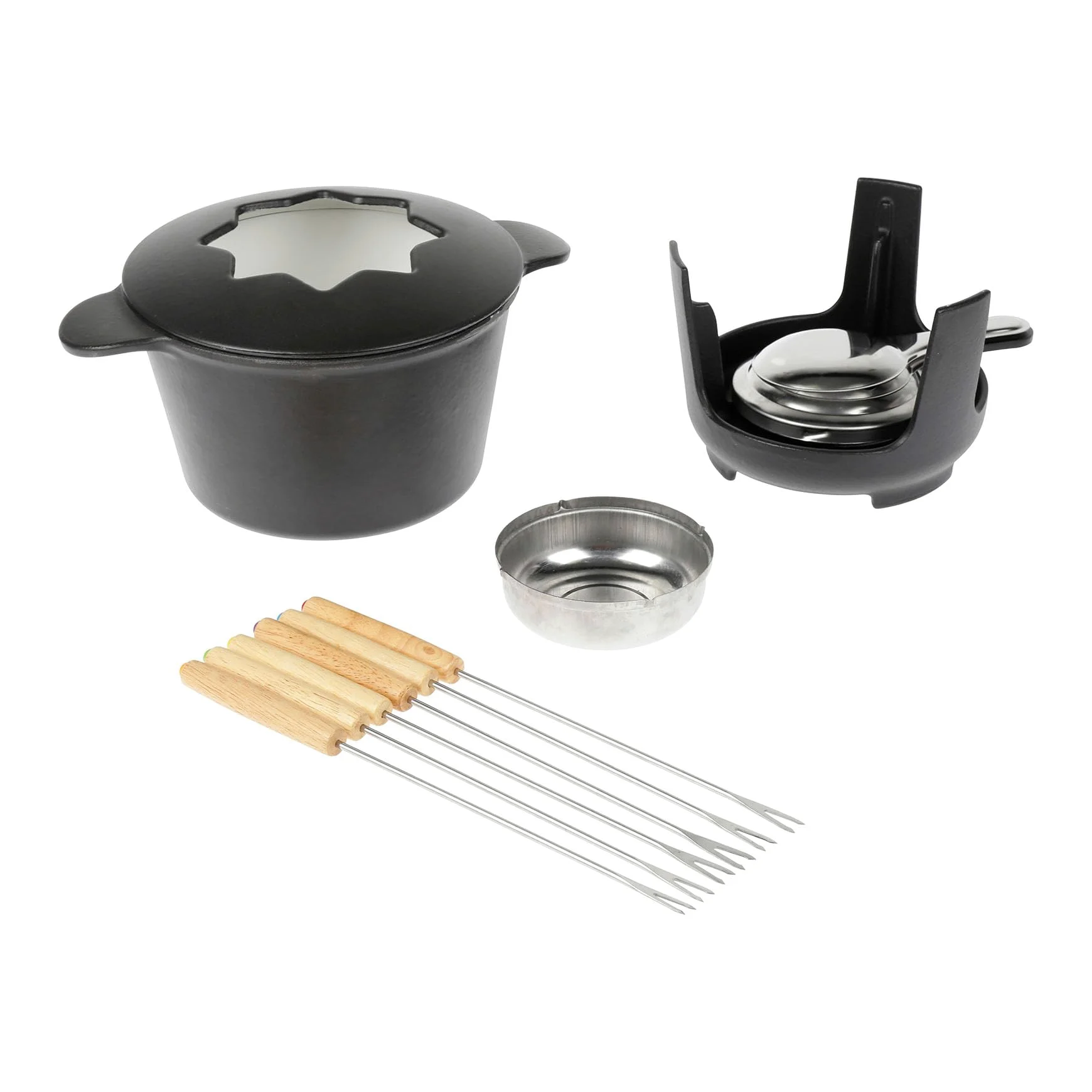 Sitram 713351 Service à fondue 10 pièces en Fonte d'acier émaillée Ø16 cm inclus 6 fourchettes, 1 caquelon, 1 couvercle, 1 support en fonte et 1 brûleur
