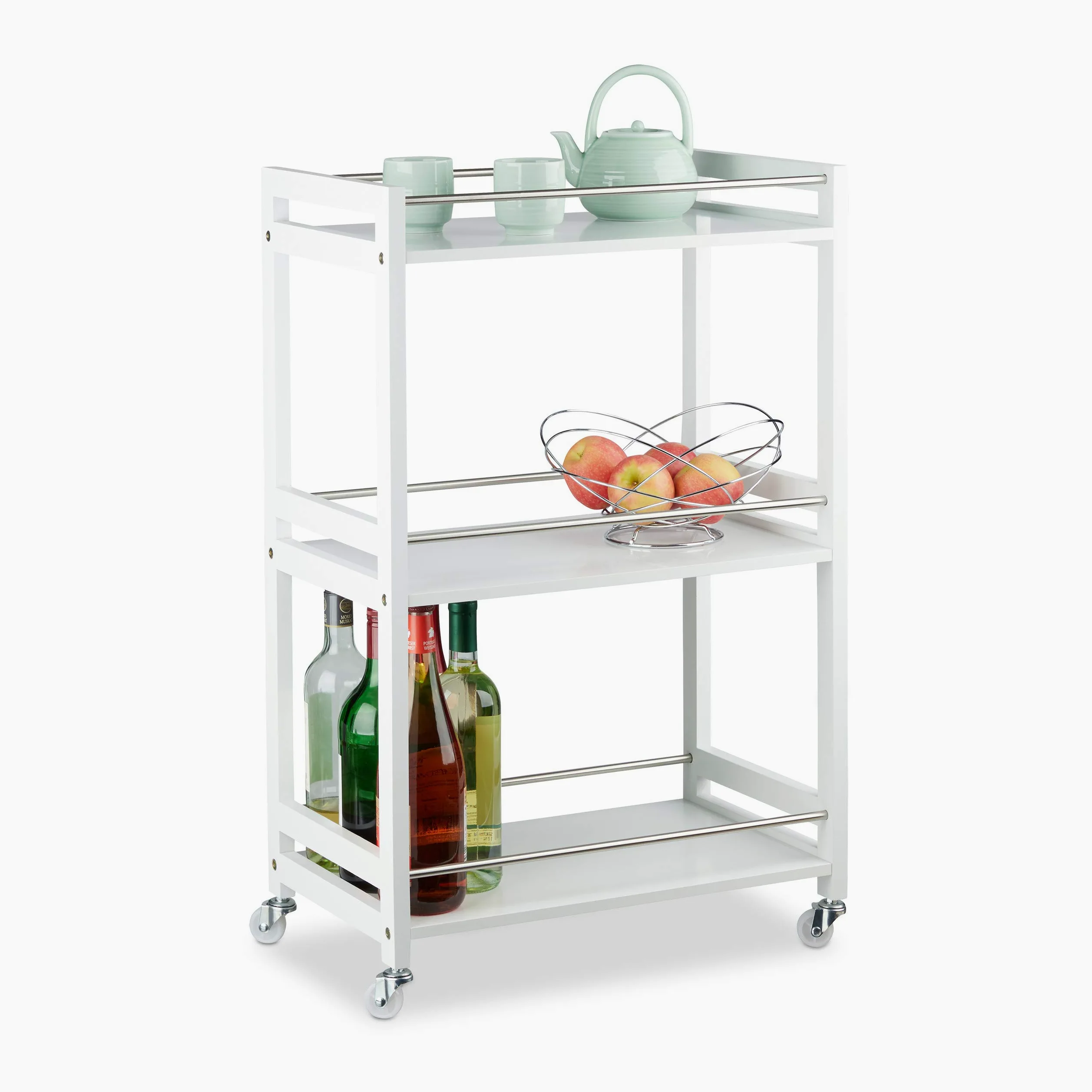 Relaxdays Blanc, Desserte de Cuisine Bambou, 3 étages, Chariot de Service, roulettes, îlot, 80,5 x 51 x 30 cm, MDF, Acier