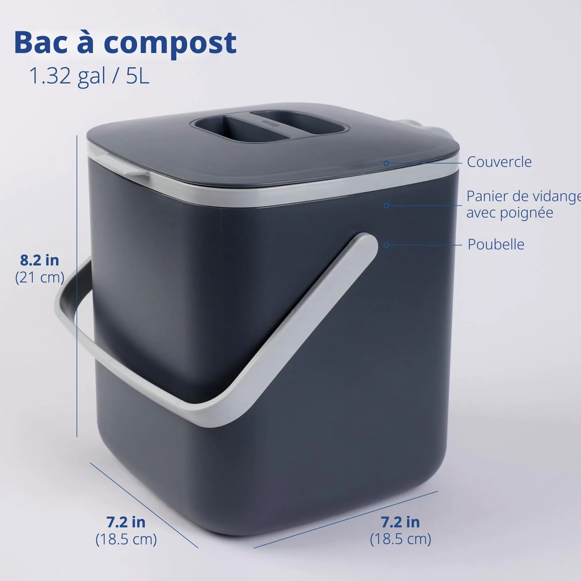 BLUE GINKGO Bac à Compost de Cuisine - Bac de Déchets Alimentaires Facile à Nettoyer avec Poignées | Bac à Compost de Cuisine pour Plan de Travail | Fabriqué en Corée (5 L) - Gris