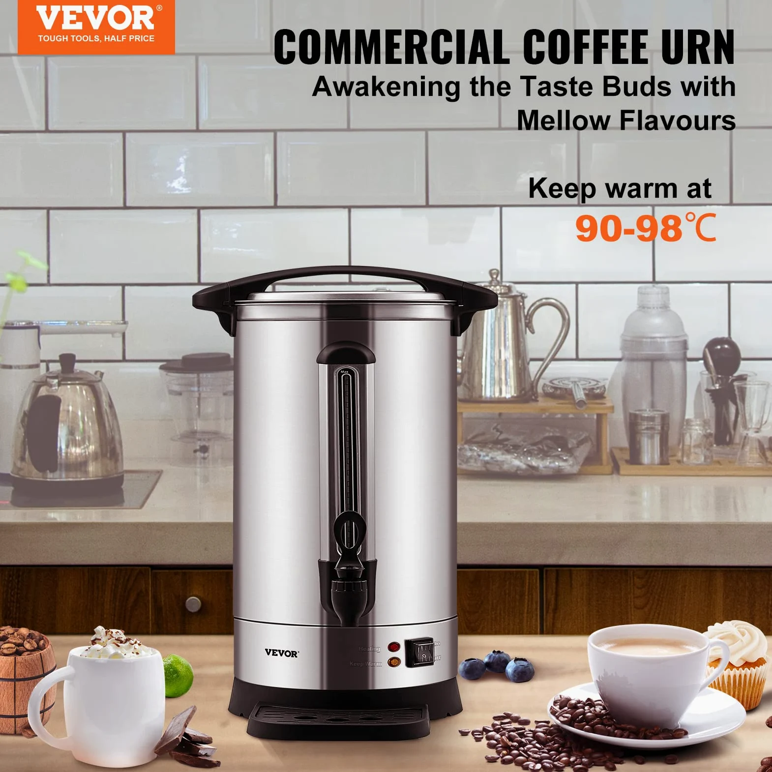 VEVOR Percolateur à Café 9,75 L 65 Tasses Distributeur de Boissons Chaudes en Acier Inoxydable Filtre Permanent Marmite à Vin Chaud 90-98 ℃ Maintenu Infusion Rapide Appareil Chauffe Eau Thé Chocolat