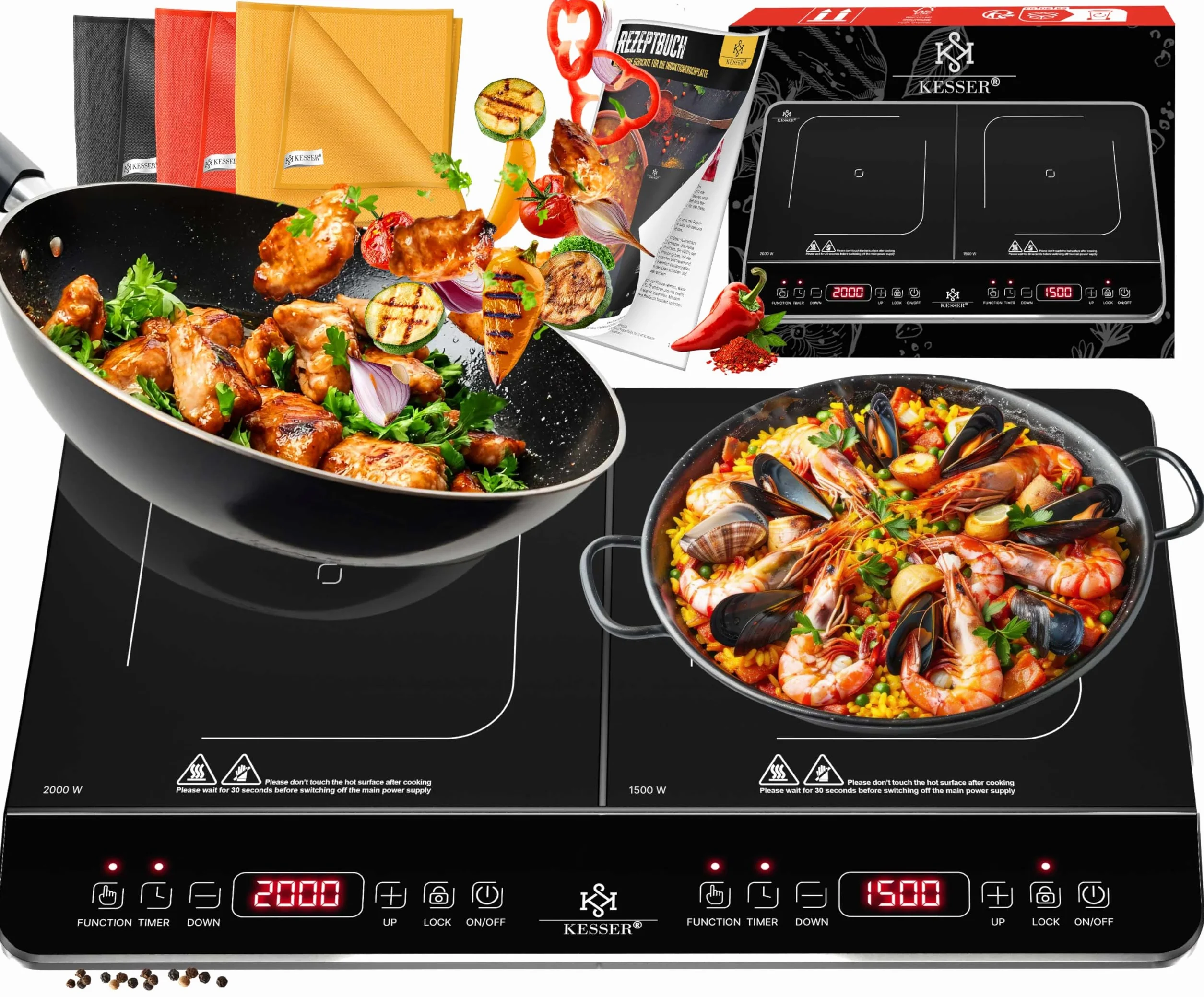 KESSER Plaque de cuisson à induction, 2 plaques, 3500 W, plaque de cuisson portable de 57 cm, 3 chiffons en microfibre + 1 livre de cuisine, 8 niveaux de chauffage, minuterie de 4 heures, contrôle