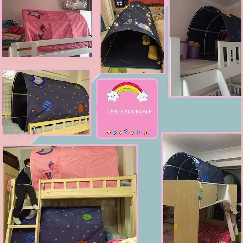 Tente tunnel pour enfant de 90 à 100 cm de largeur, lit mezzanine, tente superposée, tissu, bleu, simple