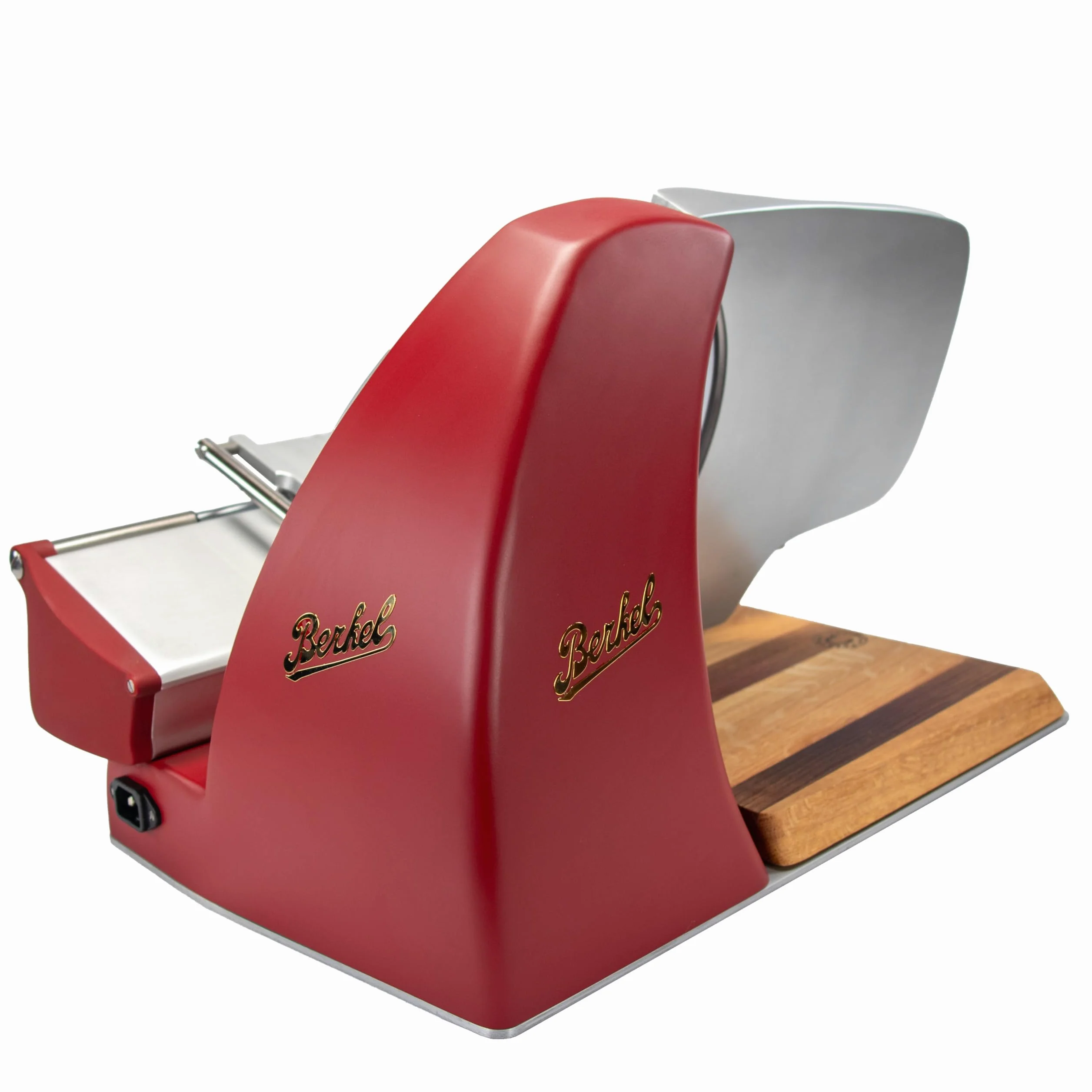 Berkel Home Line 250 Plus Trancheuse à charcuterie, électrique et compacte, rouge mat, idéale pour le prosciutto, les légumes et le fromage, avec planche en bois de qualité supérieure
