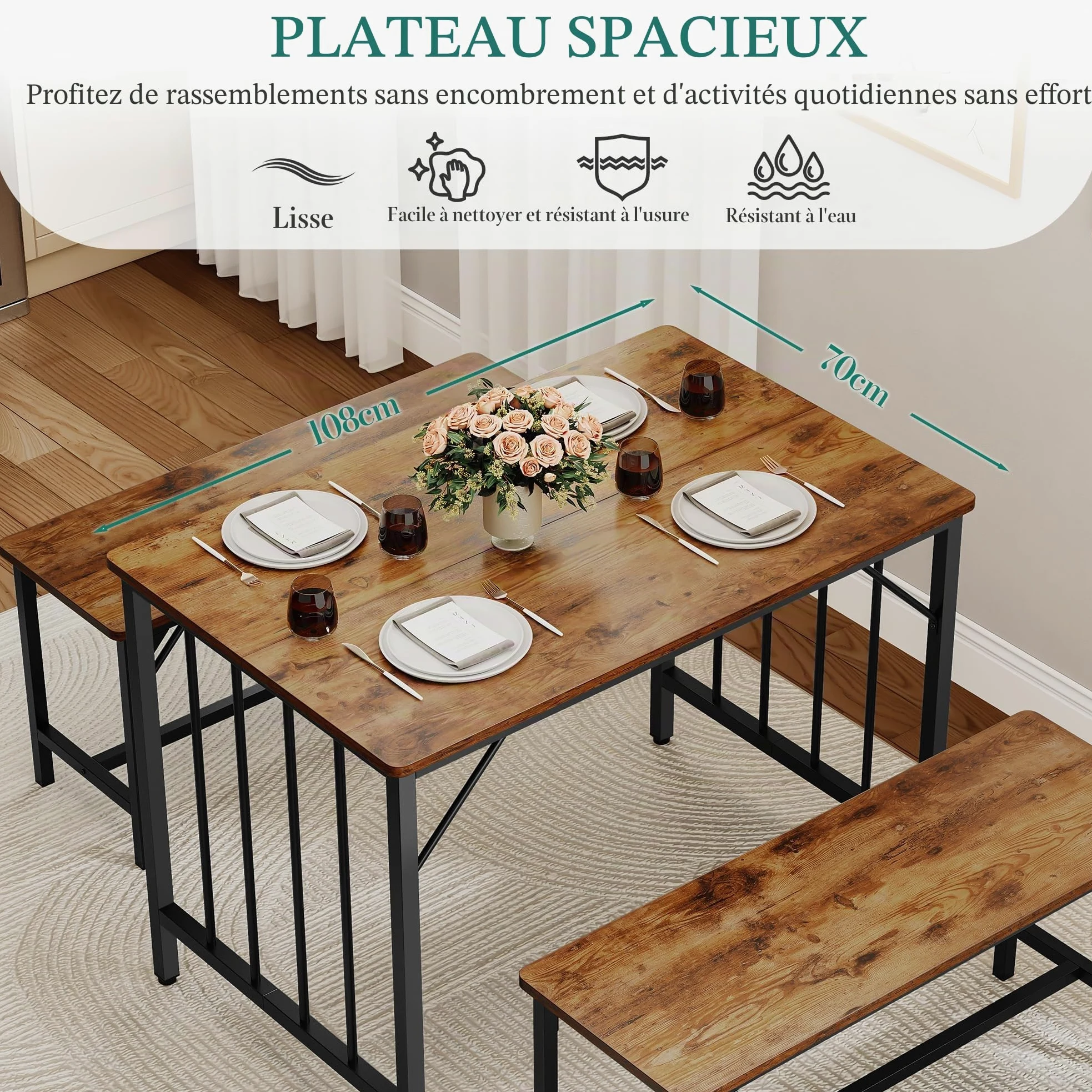YITAHOME Ensemble Table de Salle à Manger et 2 chaises, Ensemble de Salle à Manger 3 pièces avec Banc, Peu encombrant, Table à Manger pour Cuisine, Appartement, Marron Rustique