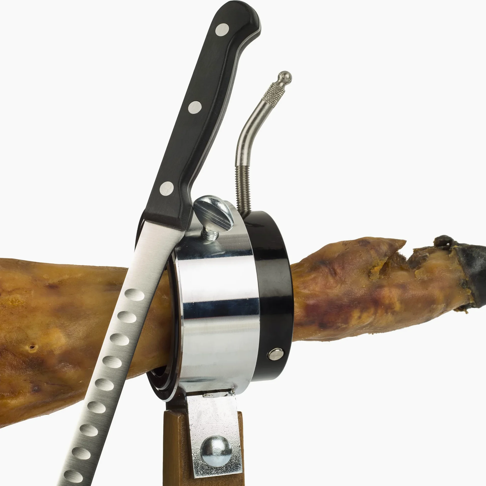 Support à jambon rotatif à 360° en bois laqué + couvre-jambon Kukuxumusu + couteau à jambon 28 cm - Fabriqué en Espagne - 2 positions pour jambon et palettes (011132)