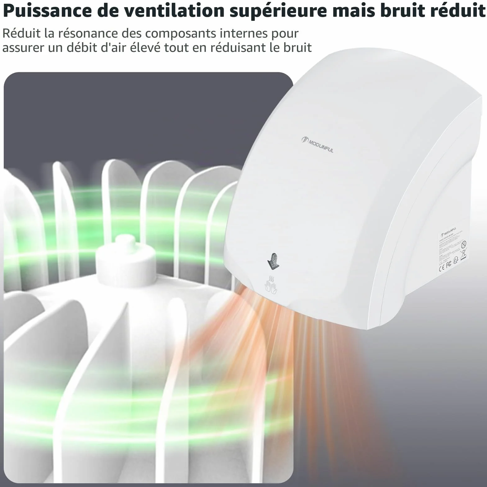 modunful Sèche-mains automatique mural Avec lampe témoin, séchage par vent chaud et froid, compact classique Commercial 220V 2000W Blanc
