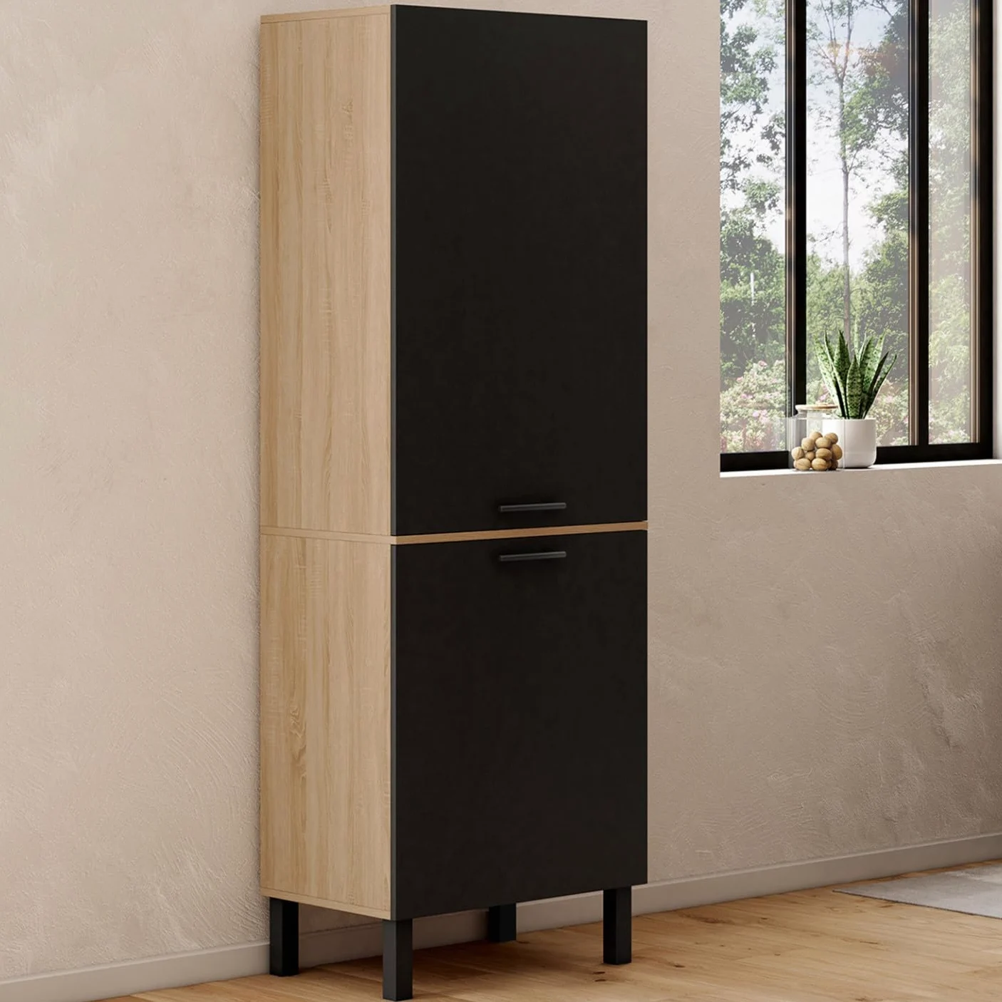 IDMarket - Colonne de Cuisine 60 cm CINA 2 Portes façon hêtre et Noir