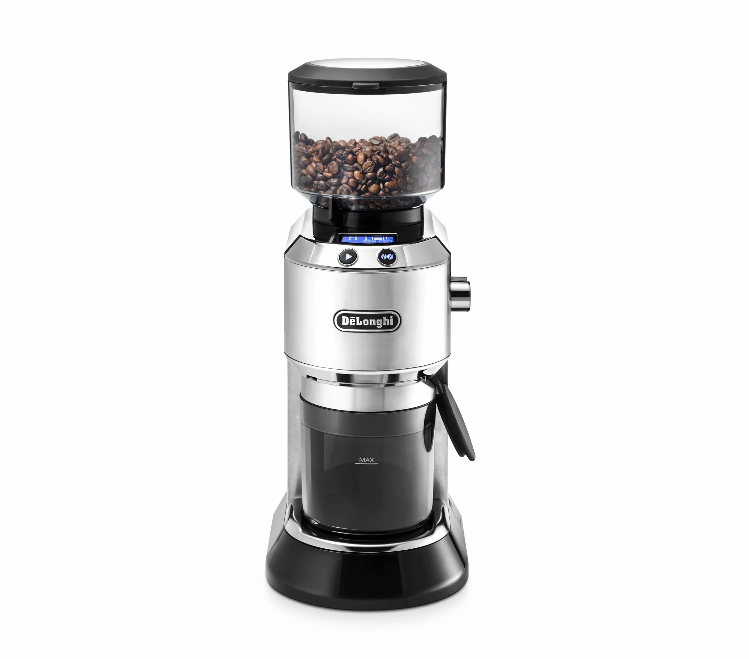 DeLonghi Moulin à café électrique Dedica KG 521.M, écran LCD 2,1 pouces avec fonction arôme, boîtier entièrement métallique, moulin à cône en acier inoxydable, réglage de mouture réglable, argent