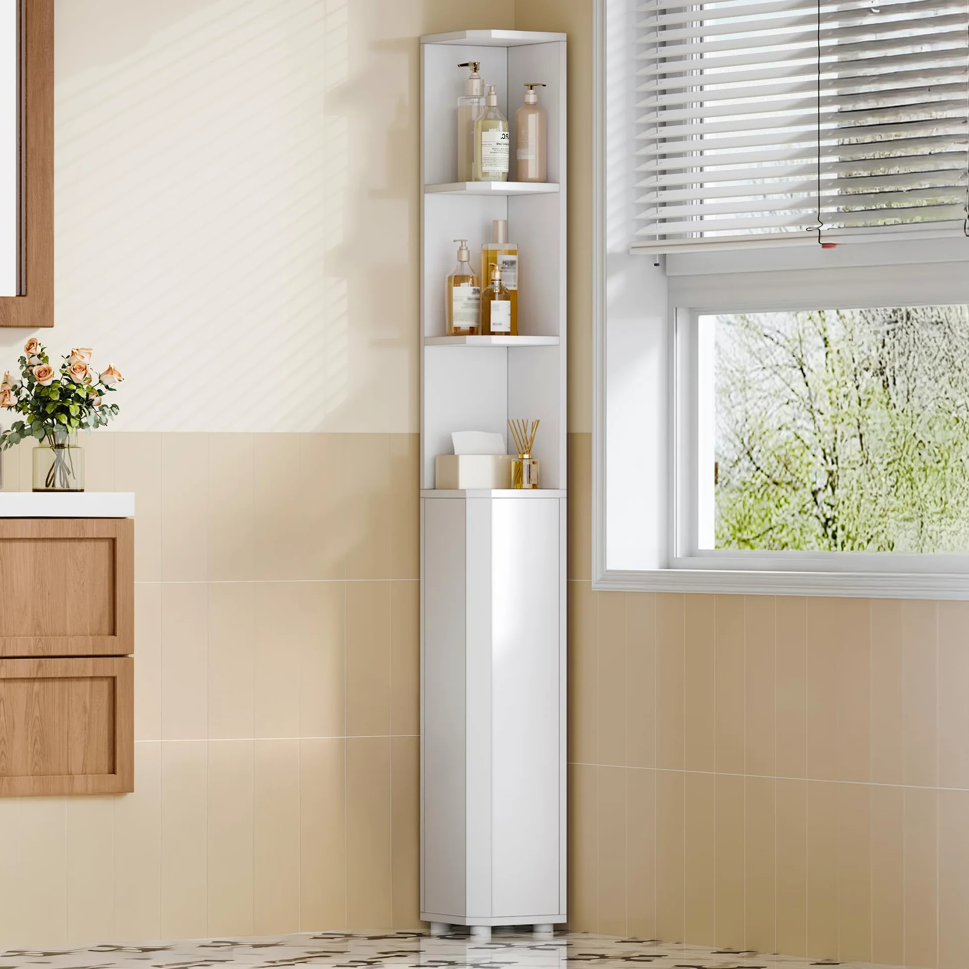 Hzuaneri Meuble de Salle de Bain, Armoire de Salle de Bain d'angle, Armoire de Toilette avec Étagères Réglables, 2 Portes latérales, Meuble Colonne sur Pied, 20 x 20 x 170 cm, weiß BC30003X