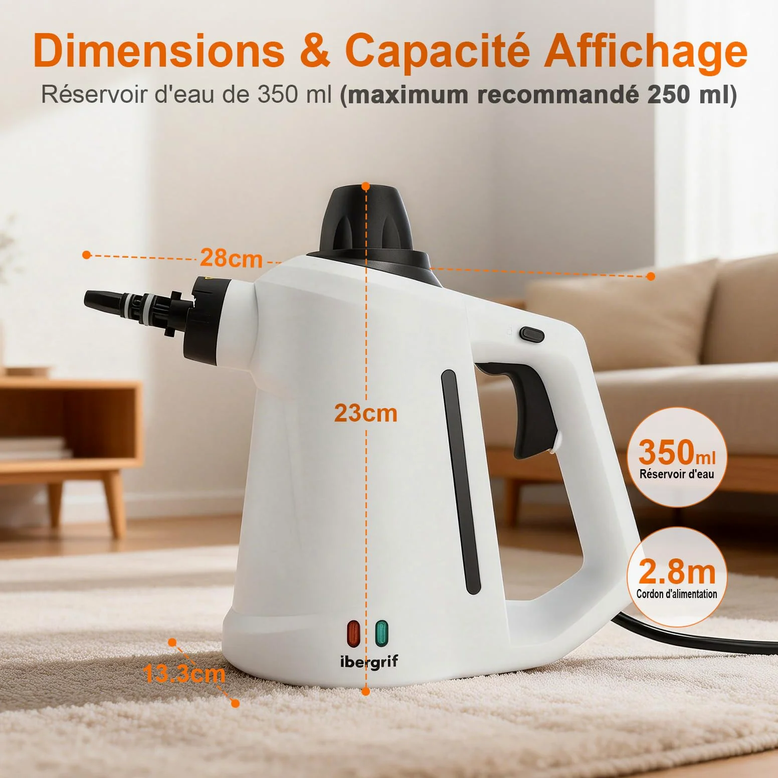 Ibergrif Nettoyeur Vapeur Portatif, 1050W avec 12 Accessoires, 3 Bar Haute Pression, Solution Sans Produits Chimiques, pour Canapé, Cuisine, Joints et Vitres, 350ml, Blanc