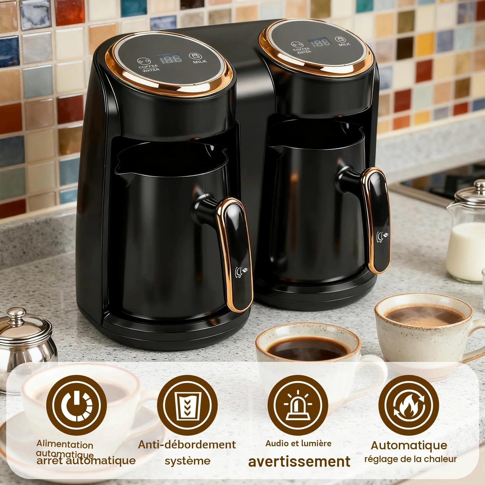 Cafetière turque, 600 W, cafetière turque avec double système de chauffage, protection contre le débordement et protection contre l'ébullition à sec, 300 + 300 ml (1 à 8 tasses)