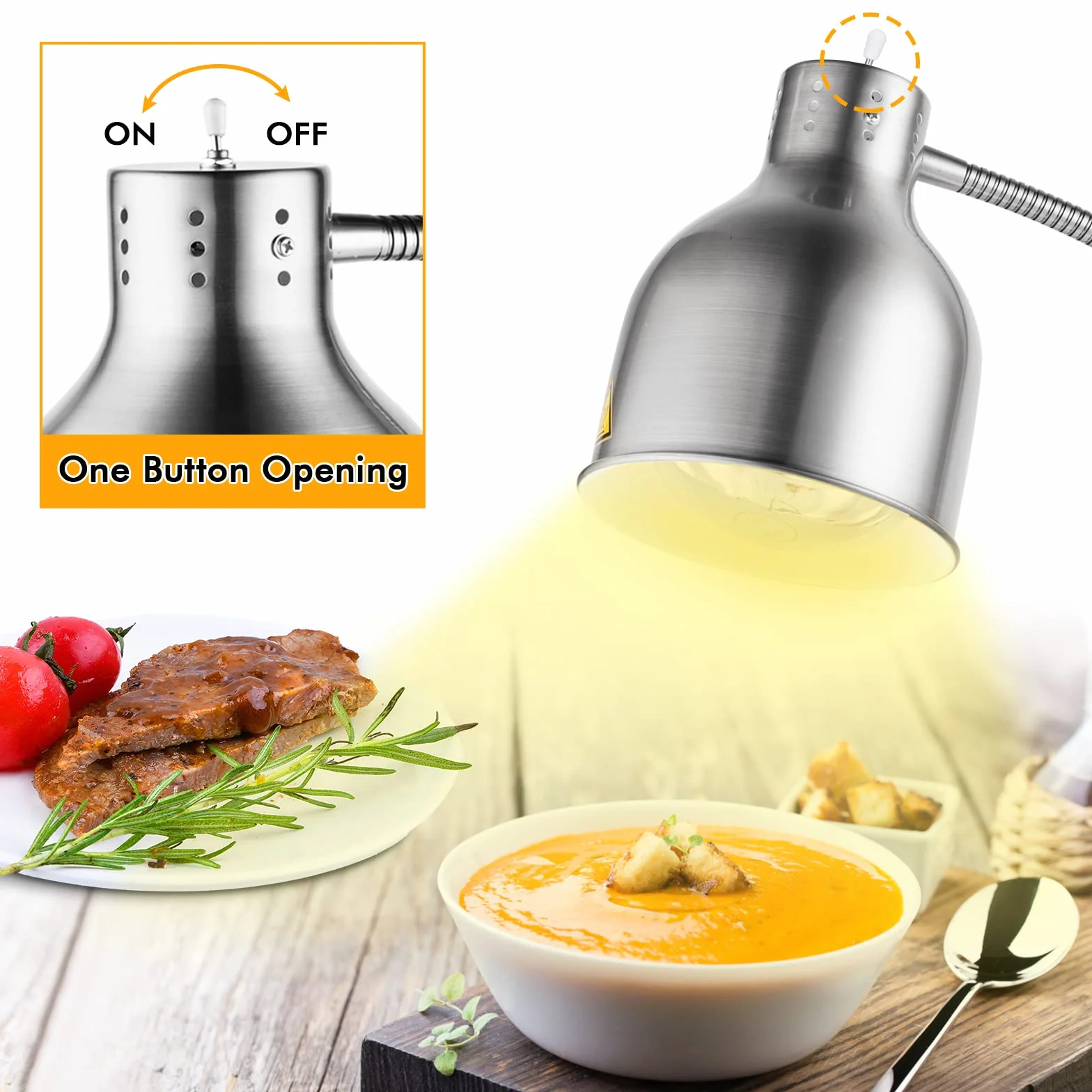 YJINGRUI Lampe chauffante pour Aliment Autonome 250W, argentée, avec Tuyau Extensible jusqu'à 70cm pour Buffet, Cuisine ou Restaurant (Ampoule Simple).