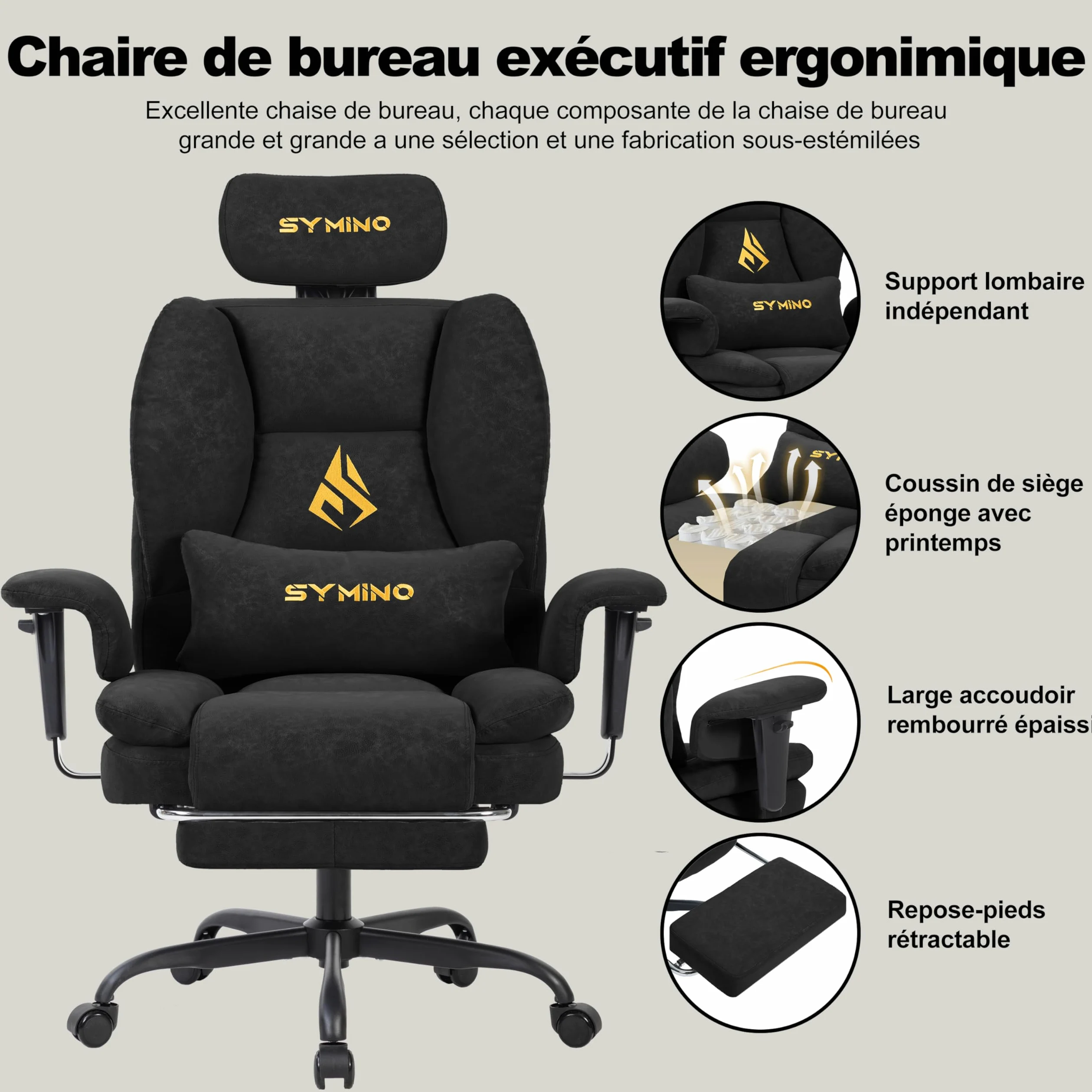 Symino Chaise Gaming Fauteuil Gaming Ergonomique - Chaise Bureau avec Repose-Pieds Réglable, PU en Cuir 130kg