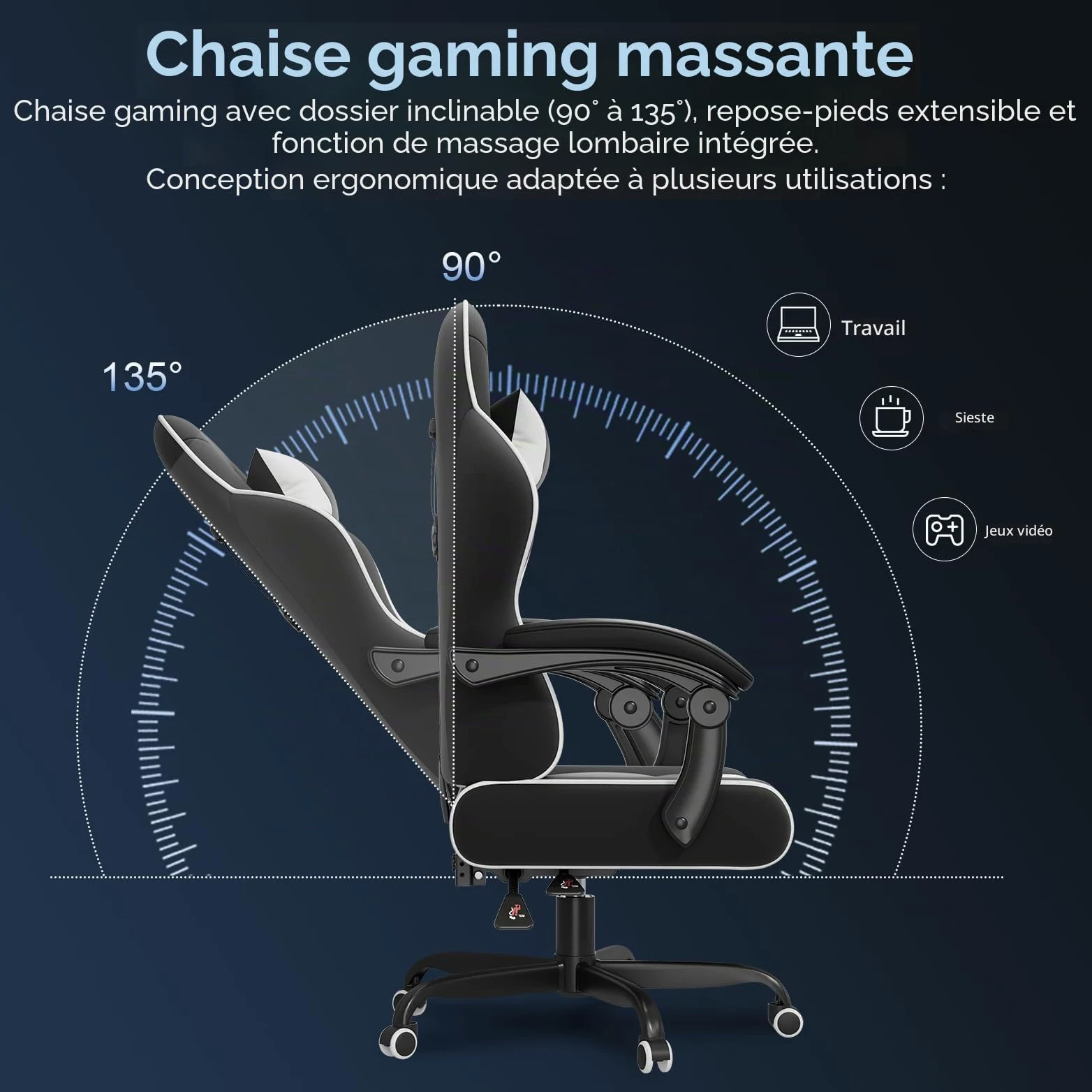 JUMMICO Jetstream Chaise de Gaming Ergonomique avec Fonction Massage, Chaise de Bureau, 150 kg, Blanche