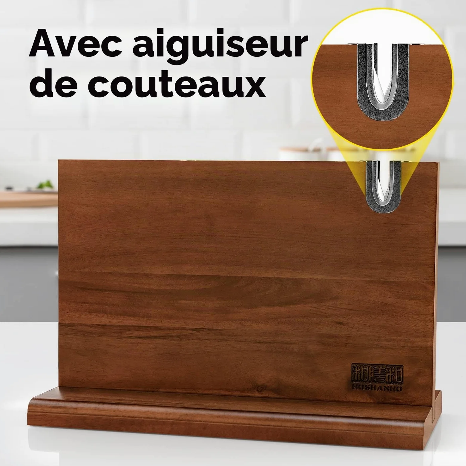 HOSHANHO Bloc à Couteaux Magnétique 35,5 x 25,4 cm - Porte Couteaux Aimanté Double Face Porte-couteaux Magnétique en Acacia Bloc Couteau de Cuisine