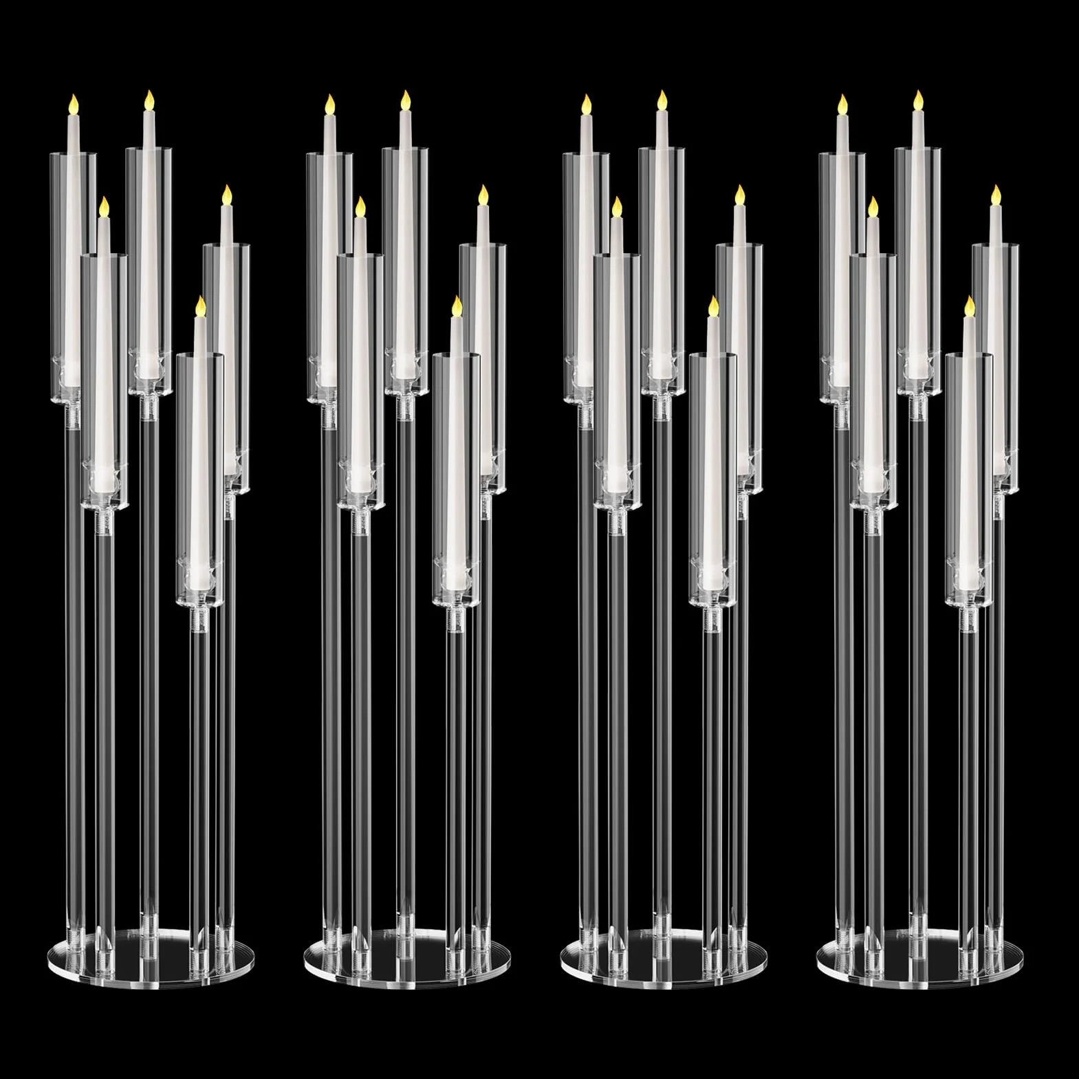 Lot de 4 Centres de Table Candélabres à 5 Bras | Abat-Jour en Acrylique, Pour Bougies LED, Pour Mariages et Dîners, Événements Spéciaux