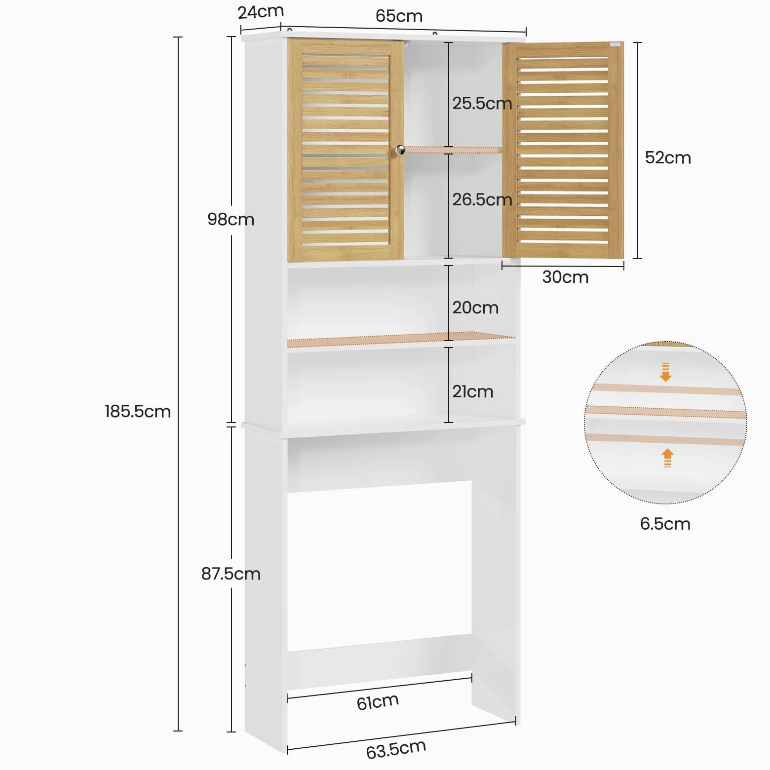 Meuble Machine à Laver, Armoire Dessus Toilette avec 2 Compartiments Ouverts, Espace Derrière 2 Portes en Bambou, Meuble WC Rangement avec Étagère Réglables, 185,5 x 65 x 24 cm