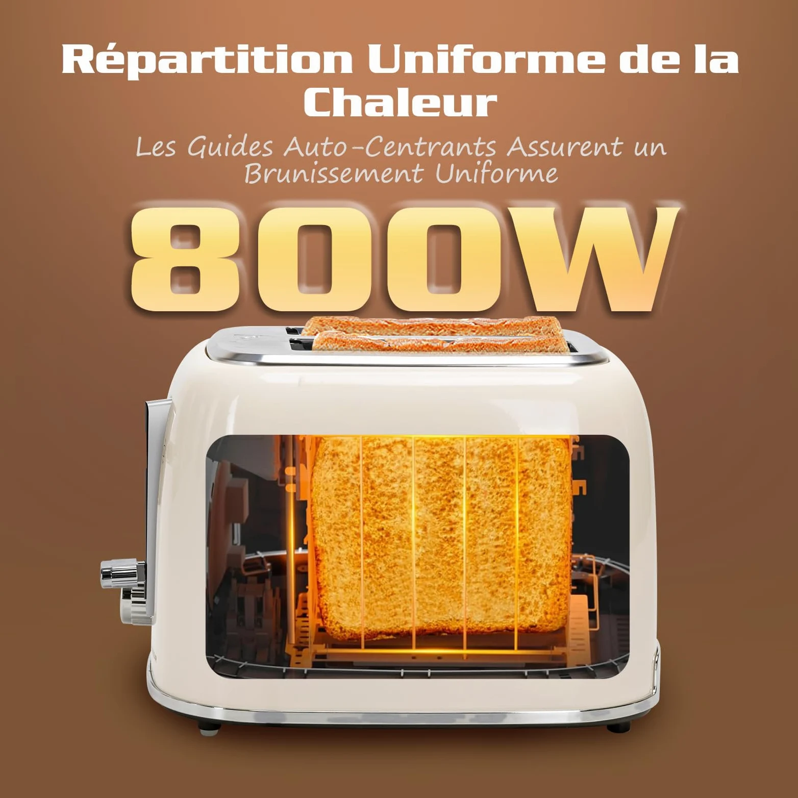 Aigostar Grille Pain, 2 Fentes Extra-Larges, Vintage Inox Crème, 6 Niveaux de Dorage, Fonction Bagel/Décongélation/Réchauffage/Annulation, Tiroir Ramasse-Miettes Amovible, 800W. Cream