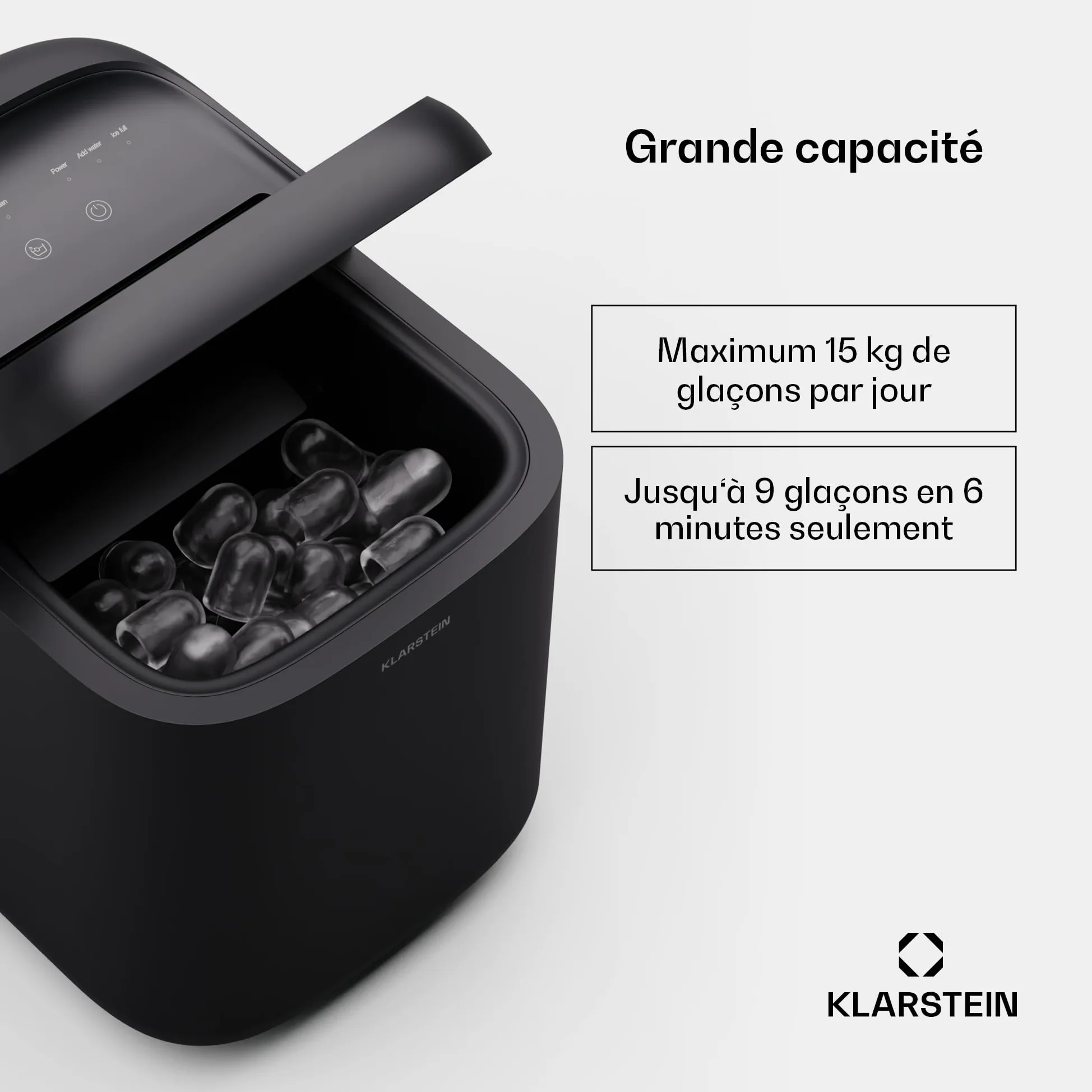 Klarstein SparkIce machine à glaçons - 15 kg/24 h, 6 min, 2 tailles, nettoyage auto, tactile, pelle incluse, à glaçons maison, petite machine, noir