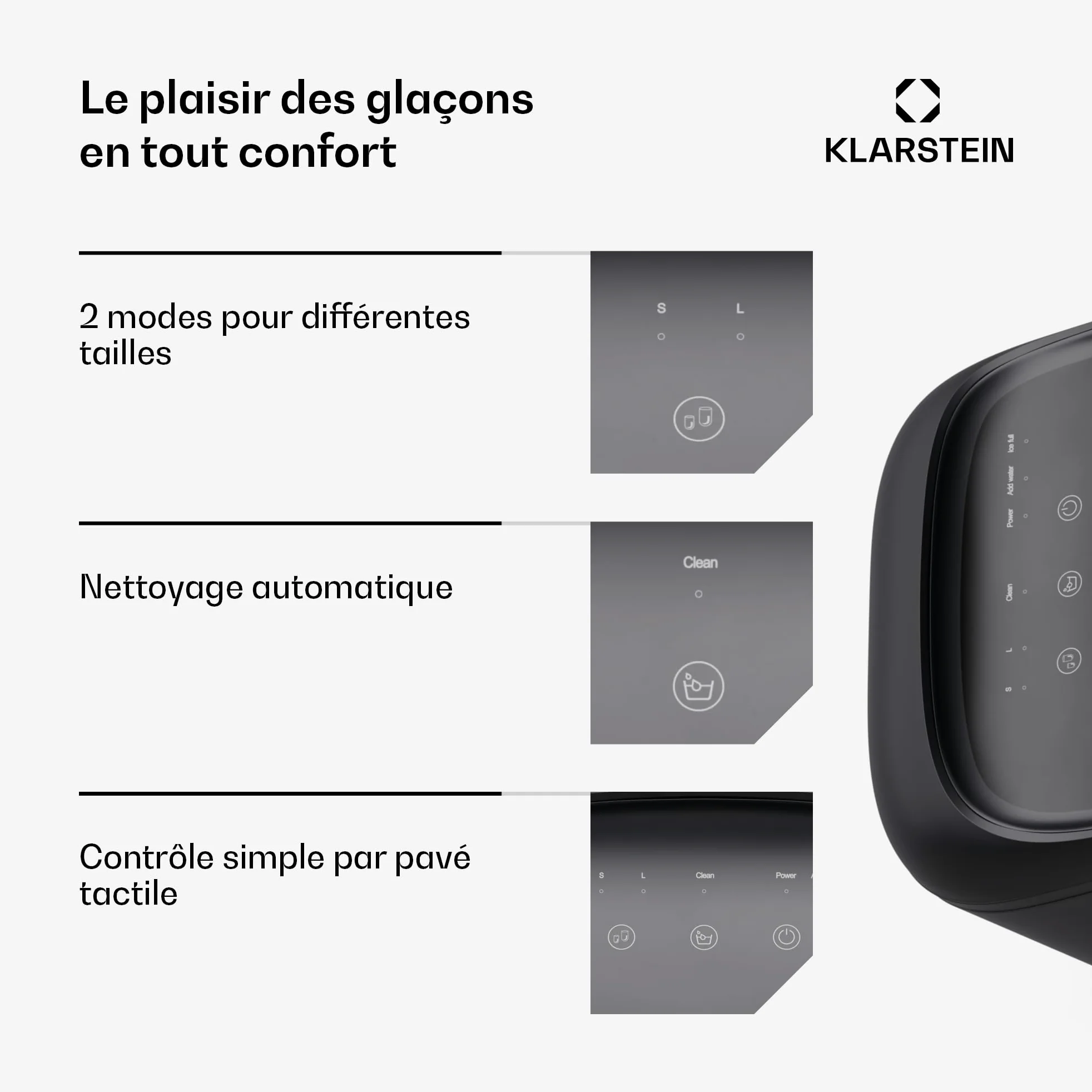 Klarstein SparkIce machine à glaçons - 15 kg/24 h, 6 min, 2 tailles, nettoyage auto, tactile, pelle incluse, à glaçons maison, petite machine, noir