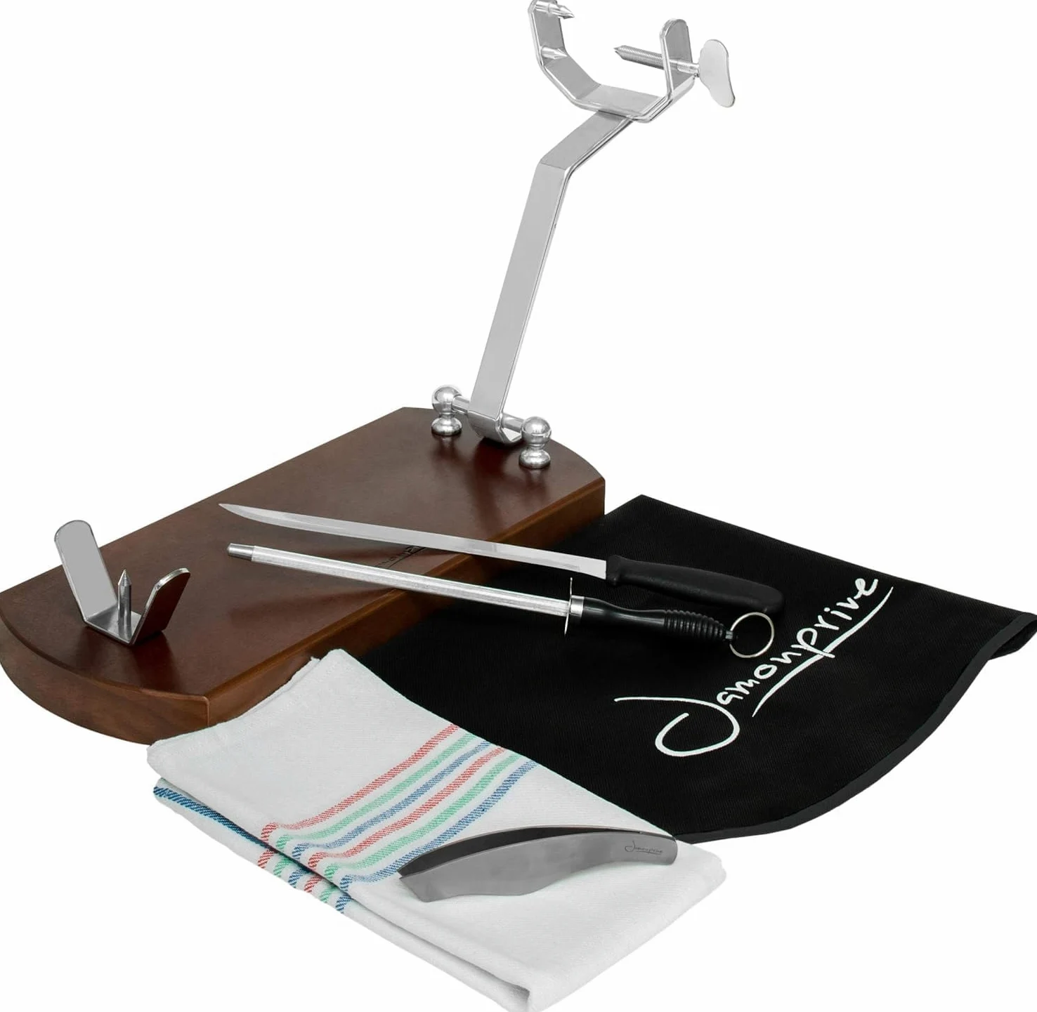 Support à Jambon Pliable avec Base Antidérapante + Couteau + Fusil à Aiguiser + Couvre Jambon + Torchon + Pinces- Kit de Tranchage Professionnel pour Jambon Serrano, Ibérique et Prosciutto