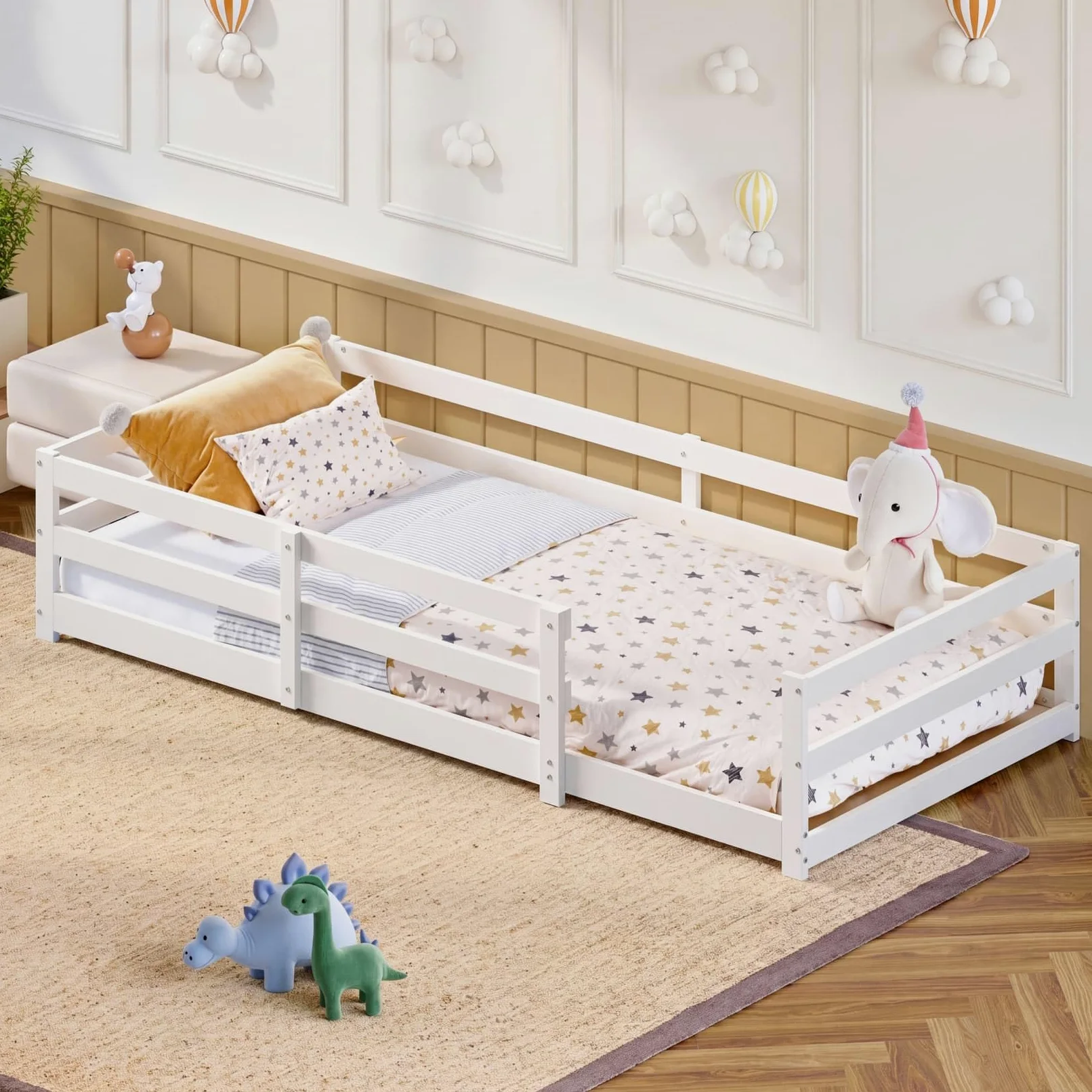 Lit Au Sol Montessori 90x200cm,Cadre de Lit 1 Personne avec Quatre Barrières Latérales,Sommier à Lattes Roustes,pour Garçons Filles(90-Blanc)