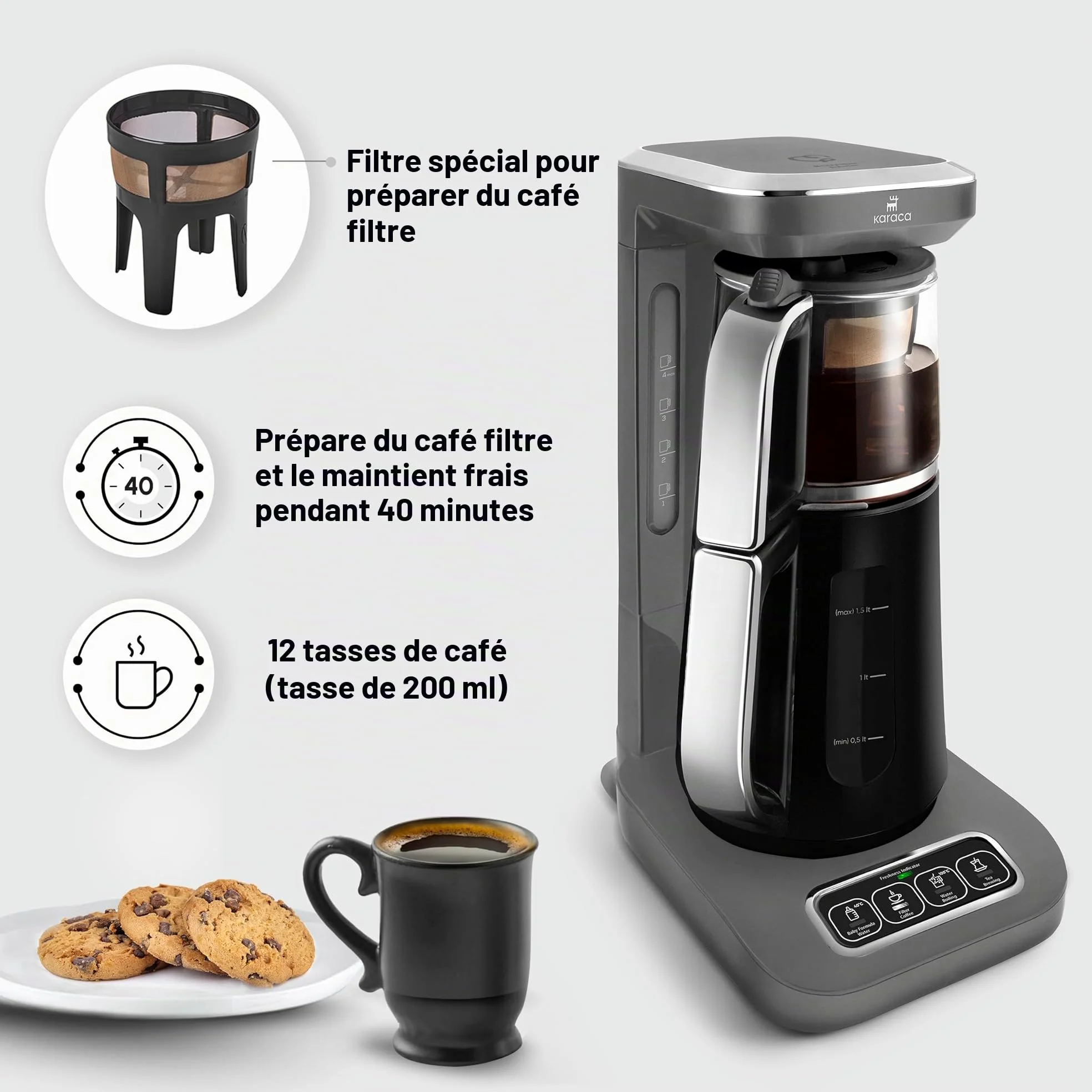 Karaca Caysever Robotea Pro 4-en-1 Theiere Electrique Automatique, Machine à Café Filtré, Bouilloire à Thé, Theiere avec Infuseur, 2500W, Gris Espace