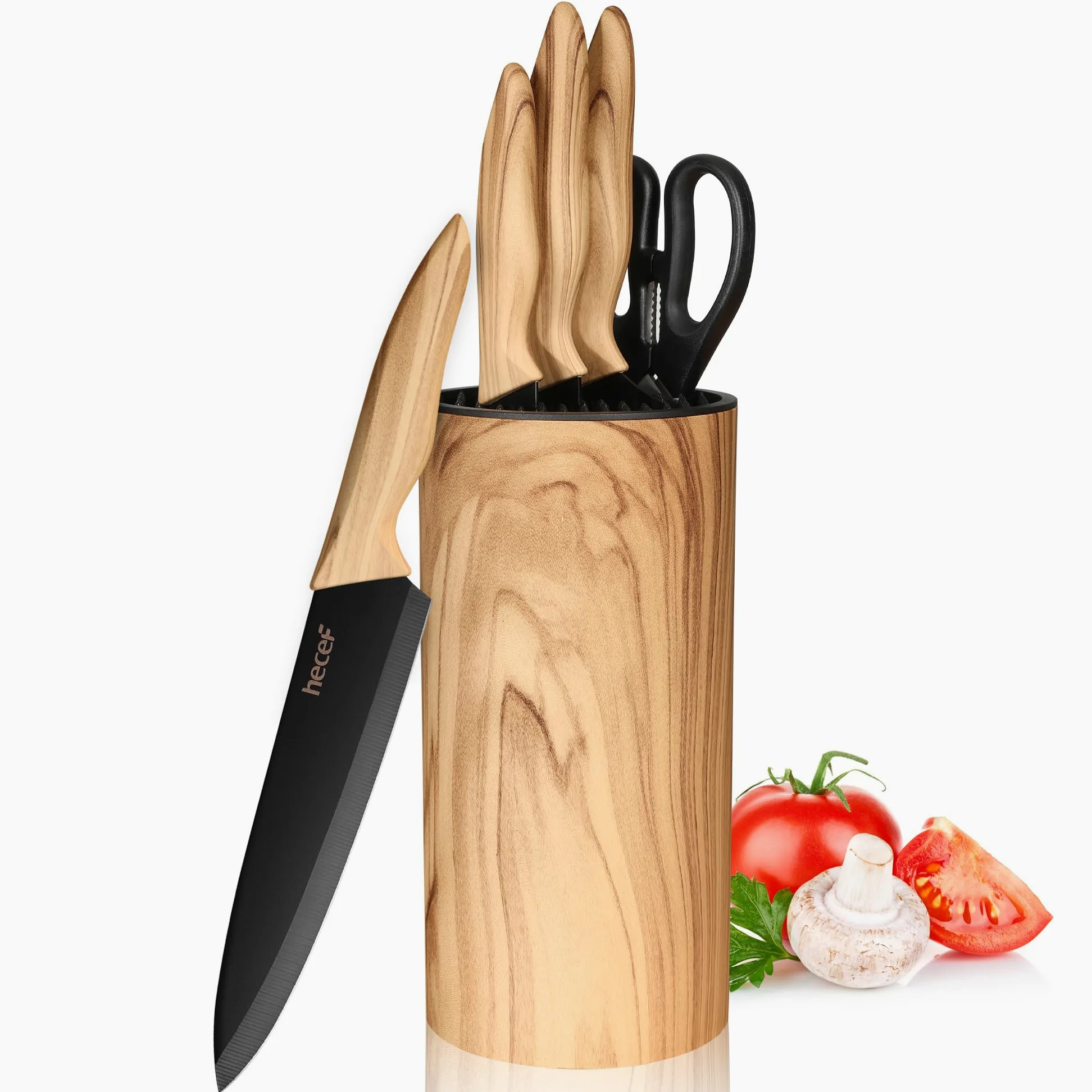 hecef Bloc Couteaux 6 Pièces avec Bloc Universel, Couteaux de Cuisine En Acier Inox, Couteau de Chef & Santoku, Ultra Tranchant, Manches Ergonomiques, Lames Noires Antiadhésives, Maison et les Cadeaux