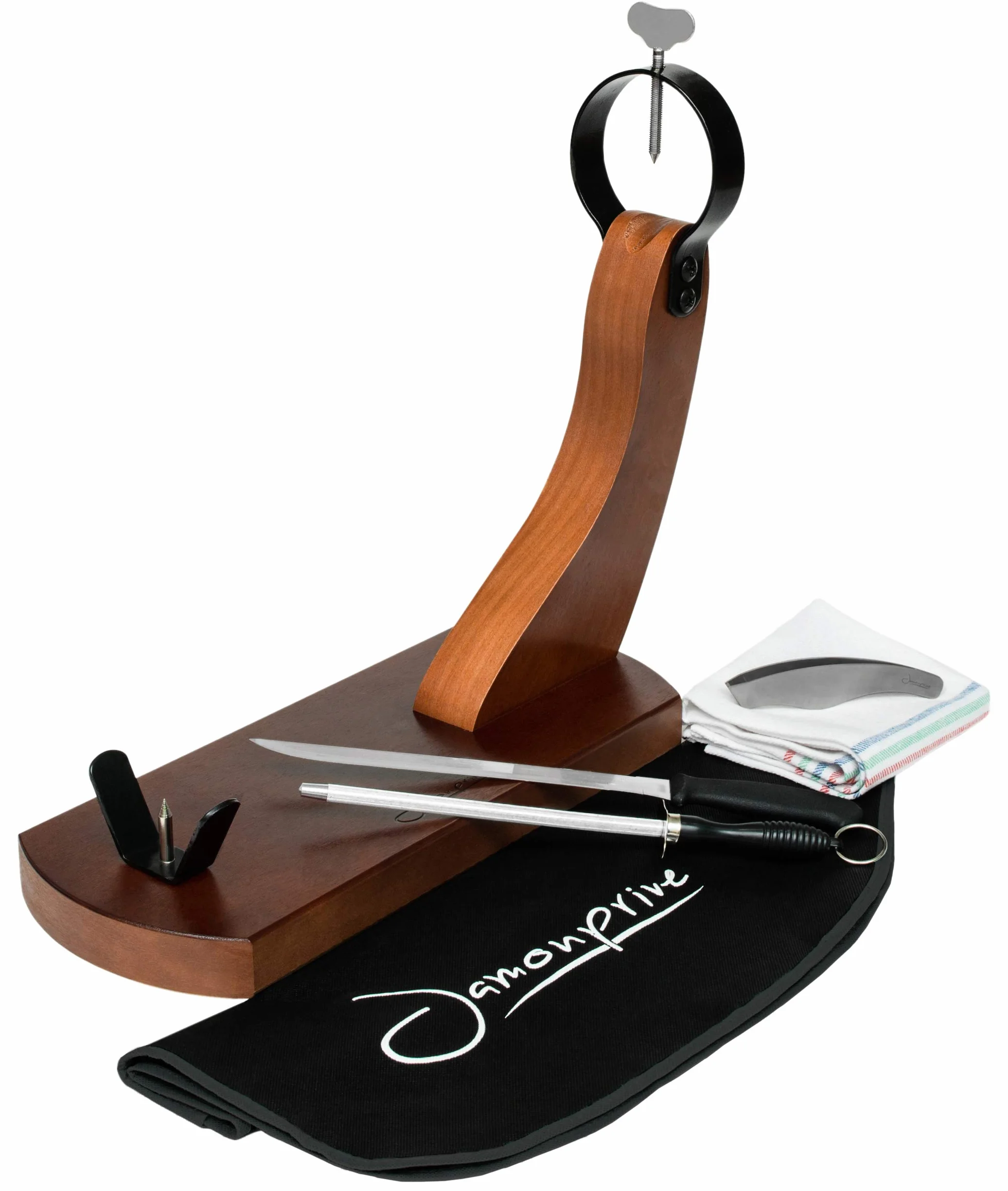 Jamonprive Support à jambon avec pieds antidérapants Couteau & fusil à aiguiser Couvercle Torchon Pince à épiler Idéal pour Serrano, Iberico et Prosciutto