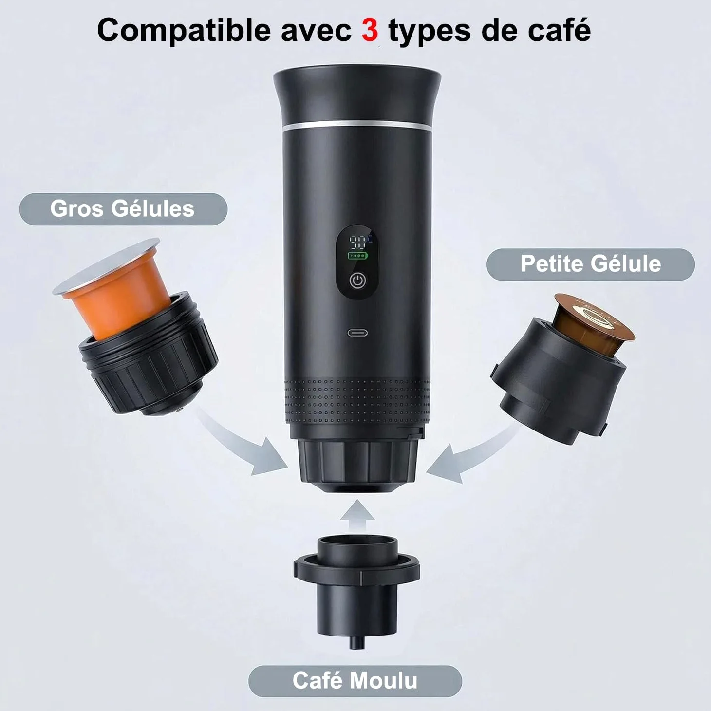 Machine à café électrique portable,Cafetière portable 3-en-1 avec auto-chauffage,Port de chargeur USB-C,Cafetière avec café moulu et capsule NS pour RV, camping, randonnée, bureau
