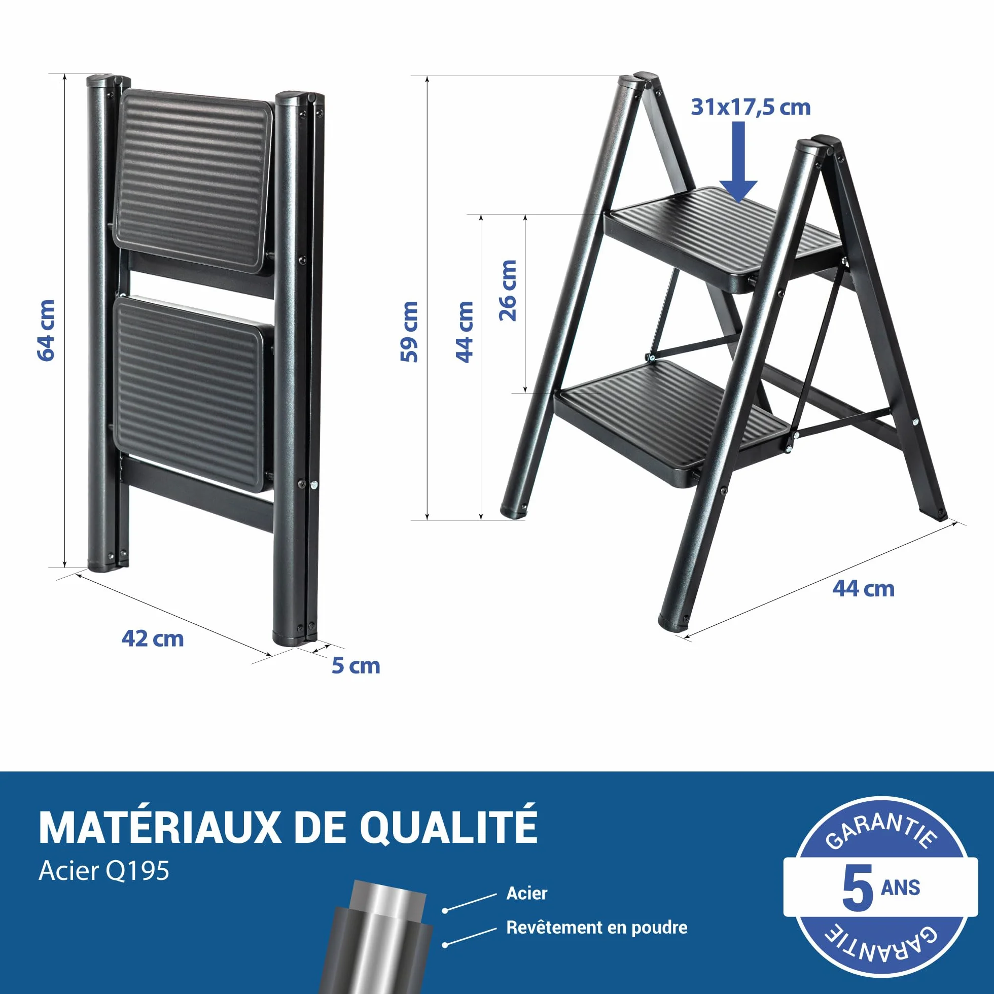 HOSTRÖM Escabeau 2 marches FOLDPACT2, Marche Pied Pliable, Design Ultra-Compact, Marches Larges 17,5 cm, Acier, Etagère temporaire, Garantie 5 Ans