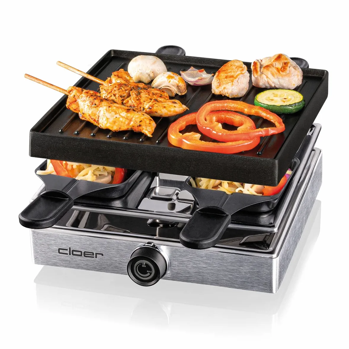 Cloer 6454 Raclette gril avec plaque en aluminium moulé sous pression, 4 poêlons à raclette antiadhésifs, spatule en plastique, emplacement de stationnement non chauffé, 750 W, aluminium