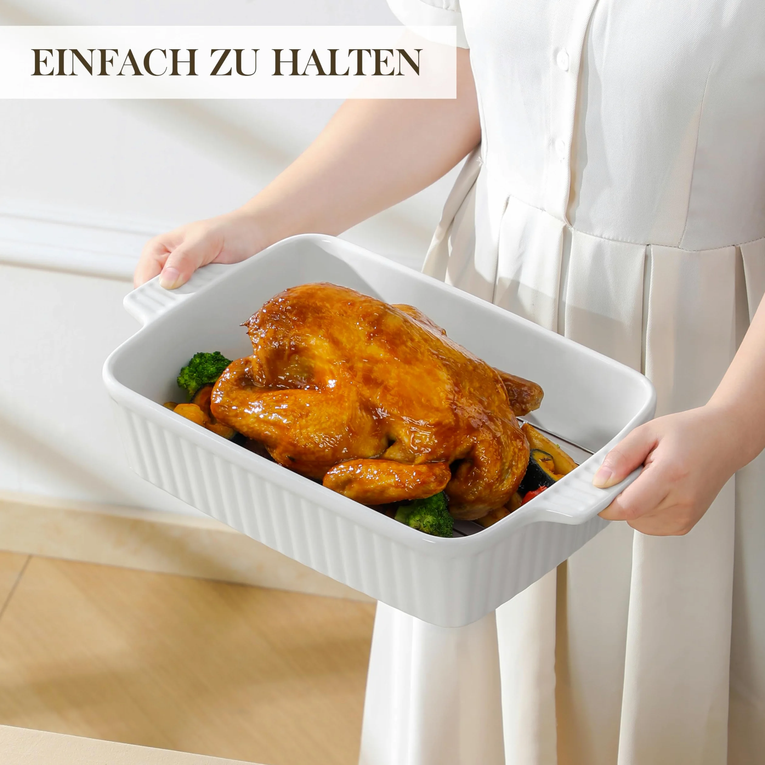 MALACASA Série BAKE, Plat à Four Rectangulaire en Porcelaine avec Grille 4200ml, Grand Plat de Cuisson avec Poignées pour Gratins et Casseroles, Compatible Lave-vaisselle, Blanc