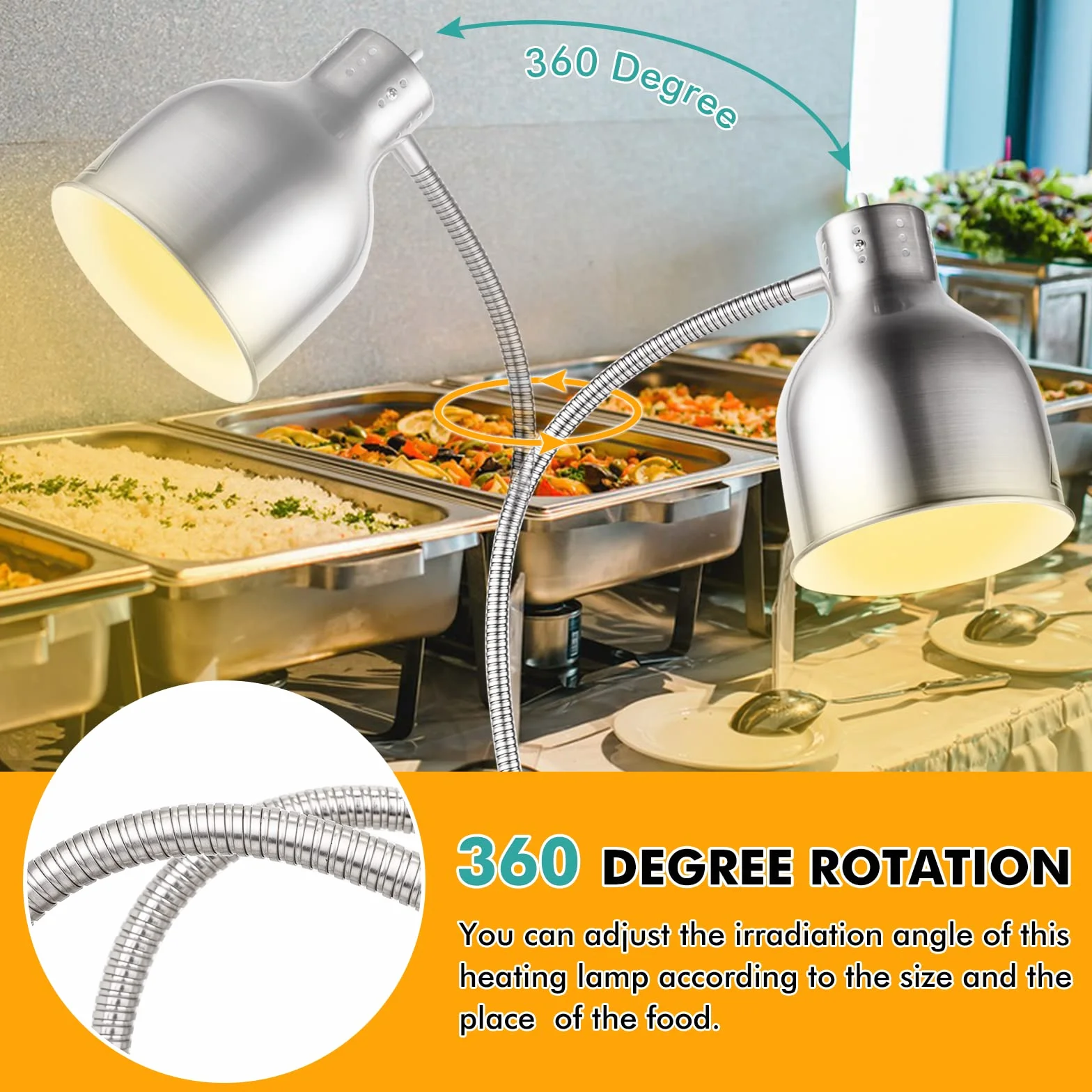 YJINGRUI Lampe chauffante pour Aliment Autonome 250W, argentée, avec Tuyau Extensible jusqu'à 70cm pour Buffet, Cuisine ou Restaurant (Ampoule Simple).