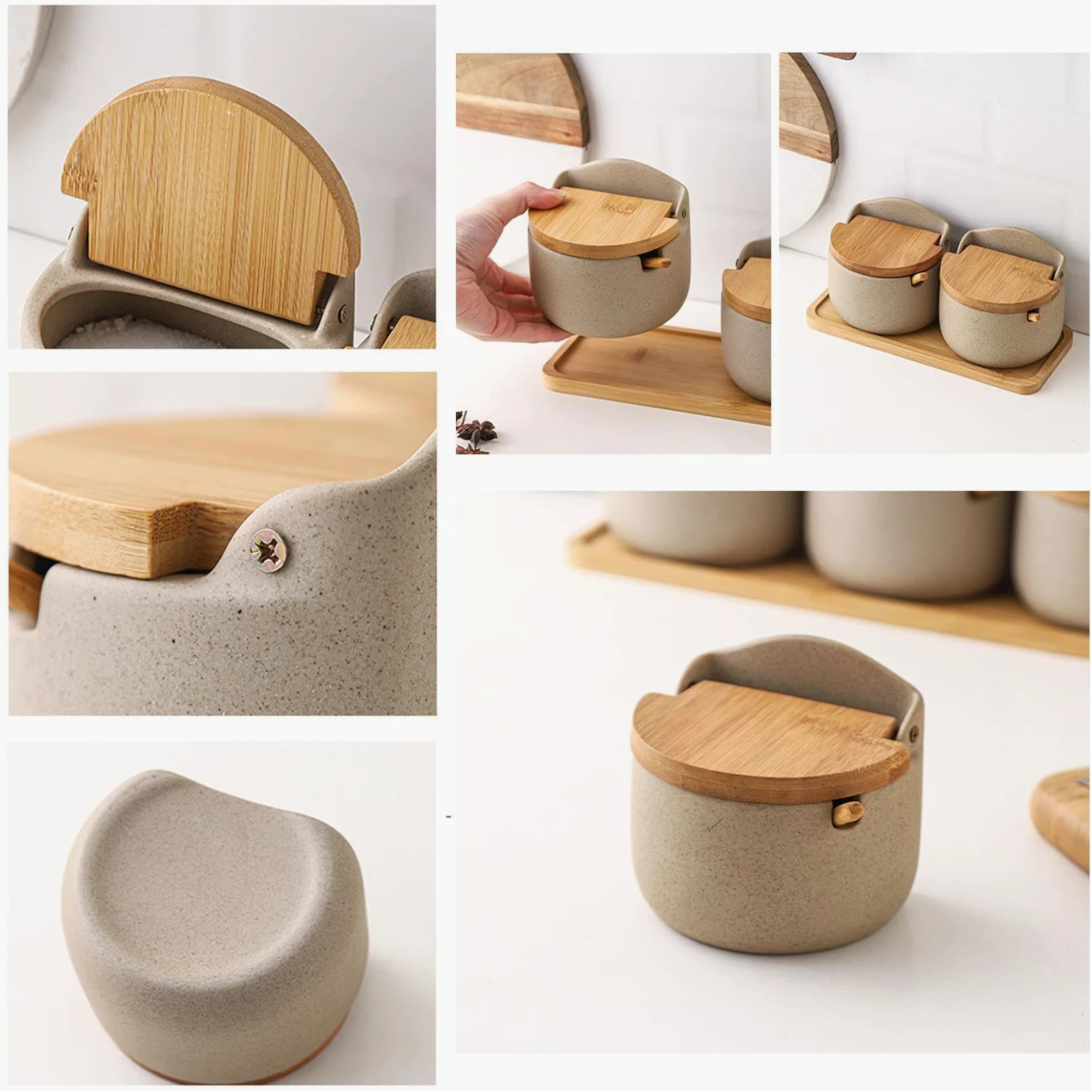 Récipient à sel – Ensemble de rangement de cuisine élégant de 22 cm | Porte-sel polyvalent en céramique – Design élégant avec cuillère et couvercle en bois, idéal pour l'assaisonnement sur