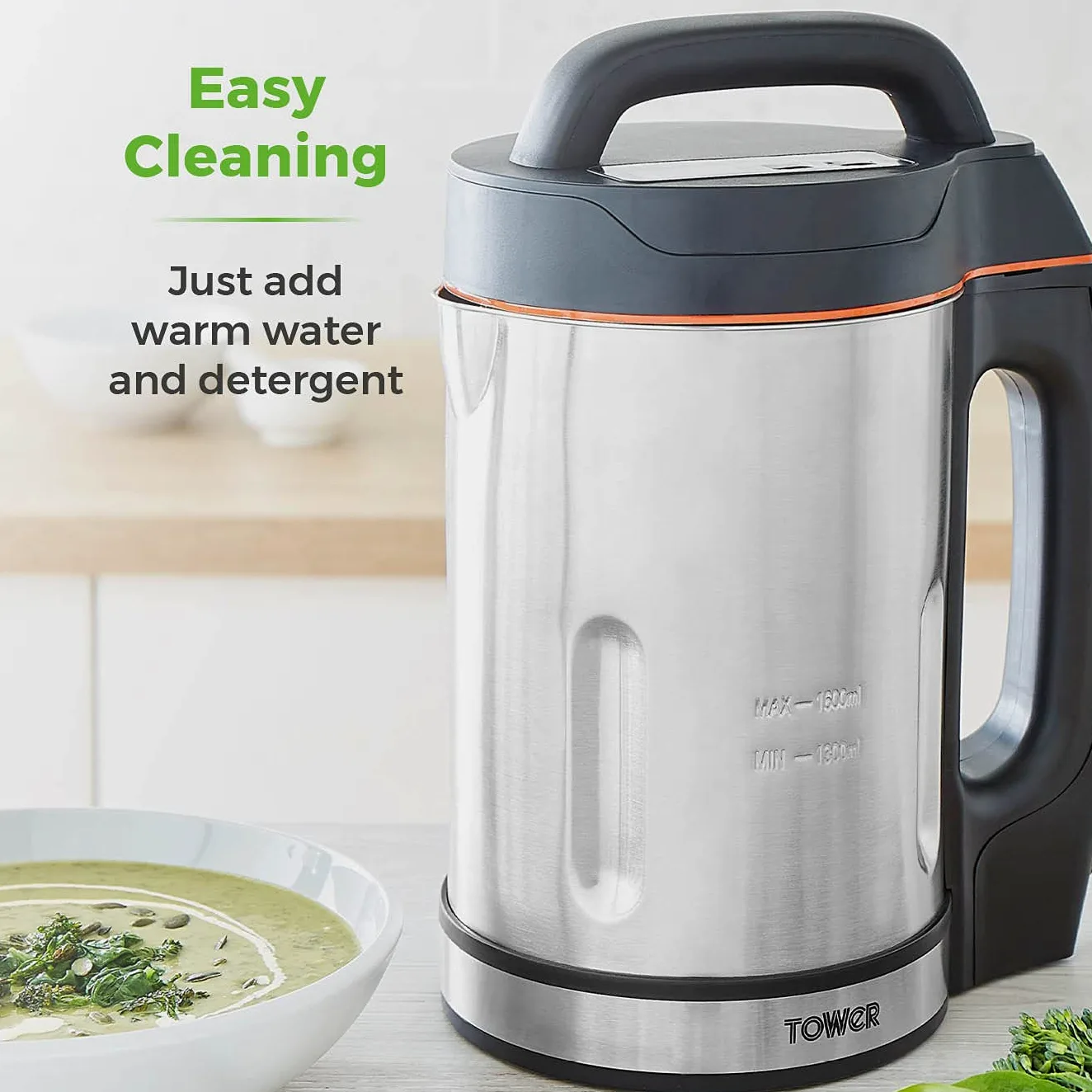 Tower T12031 Machine à soupe avec pichet et lame en acier inoxydable, panneau LED, système de contrôle intelligent, 1000 W, 1,6 litre, argent