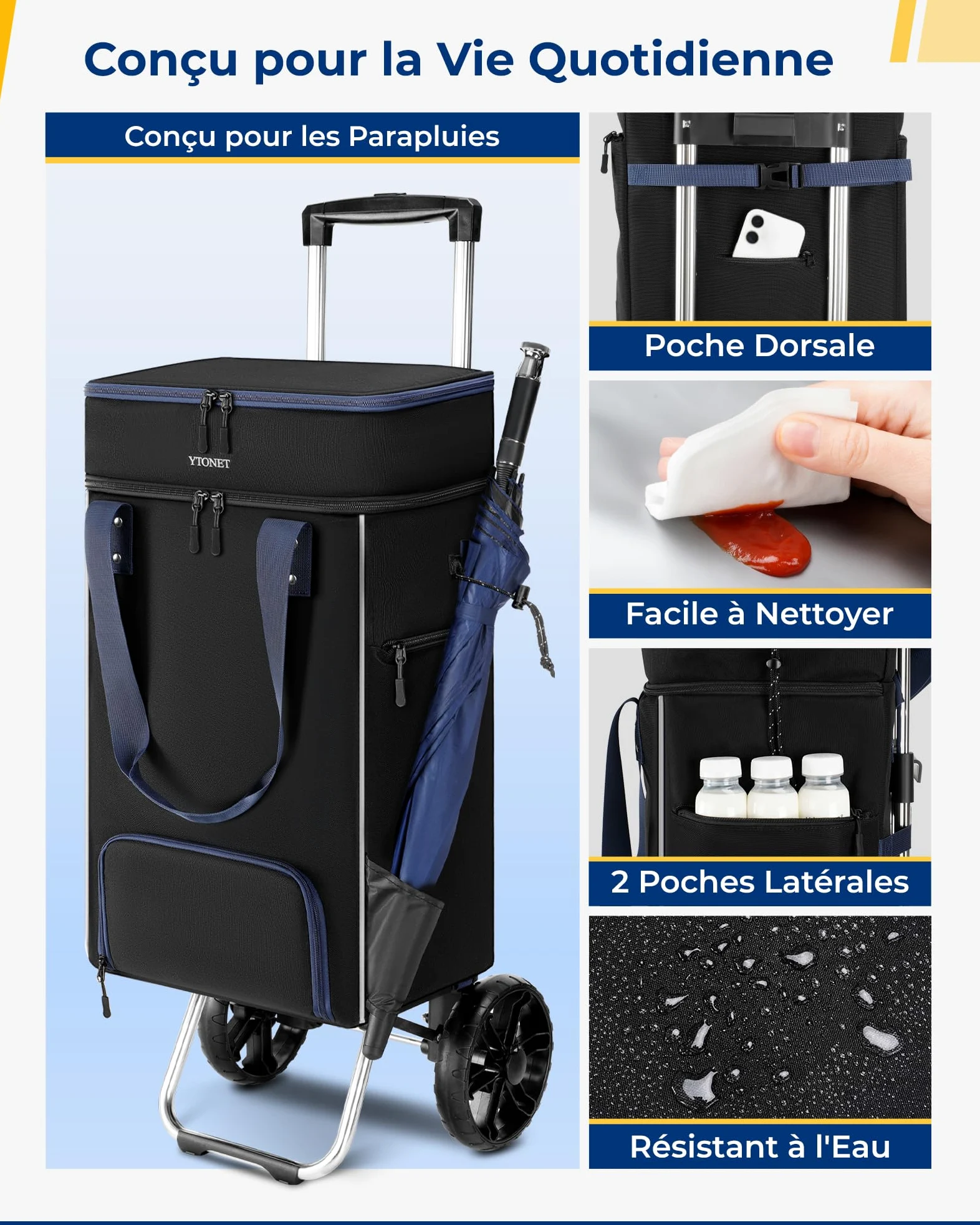 Ytonet Chariot de Courses à roulettes 55L, Caddie de Courses Pliable Porte Jusqu'à 68 kg, Chariot de Courses Imperméable avec Sac Isotherme et Poche Anti-vol, Le Camping, Faire Les Courses, Noir