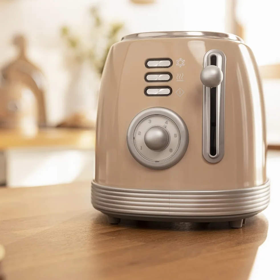Cecotec Toast & Taste 800 Vintage Light Beige. 850 W, double fente courte extra large de 3,8 cm, 2 toasts, finitions en acier inoxydable, style vintage, 3 fonctions, beige