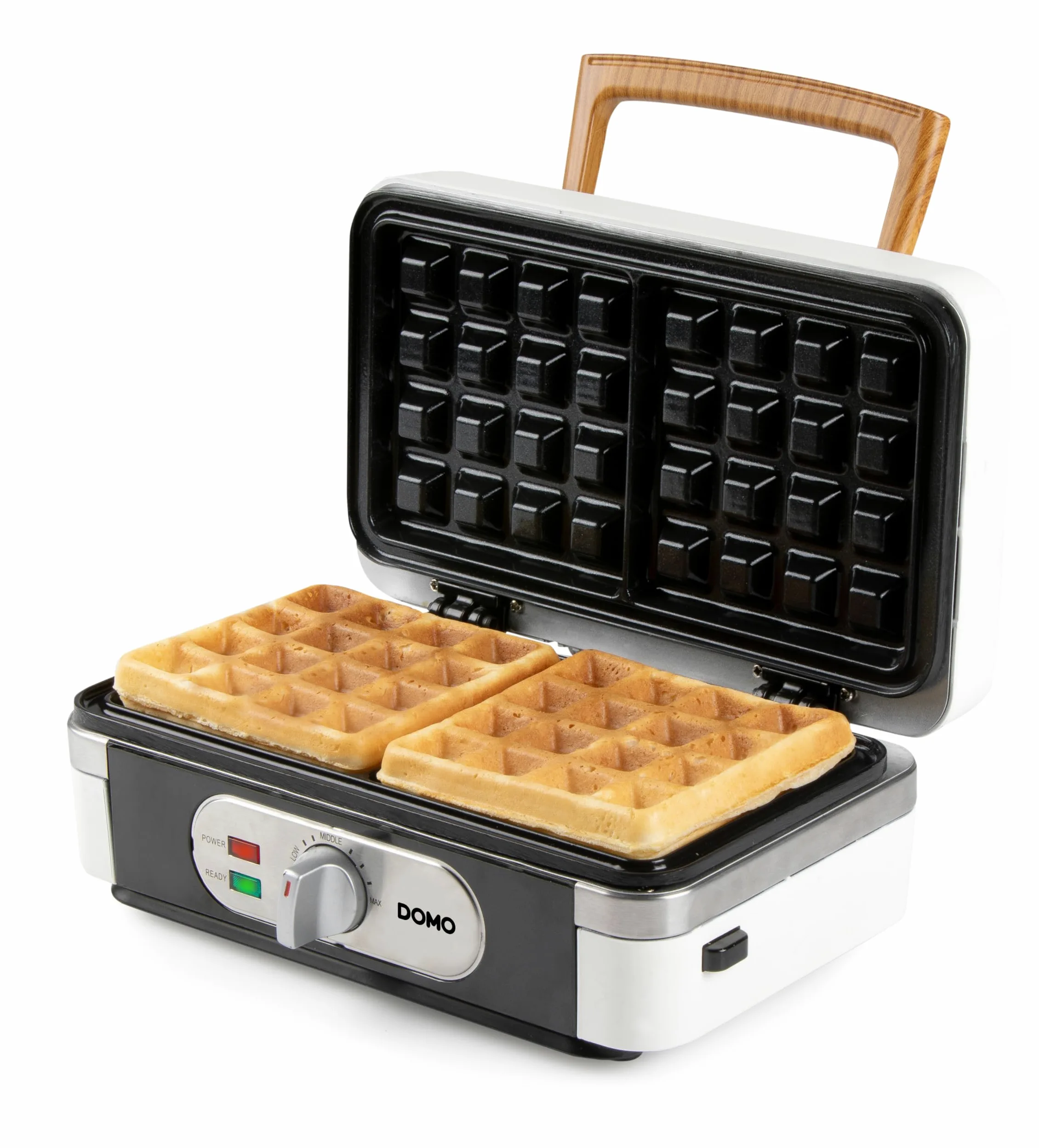DOMO DO9277C Snackmaker 3 en 1 - Design de luxe en bois - PFAS FREE - Croque-Monsieur, Gaufrier et Gril - Pieds Anti dérapants - Plaques de cuisson interchangeables - 1100W - Blanc Poudré