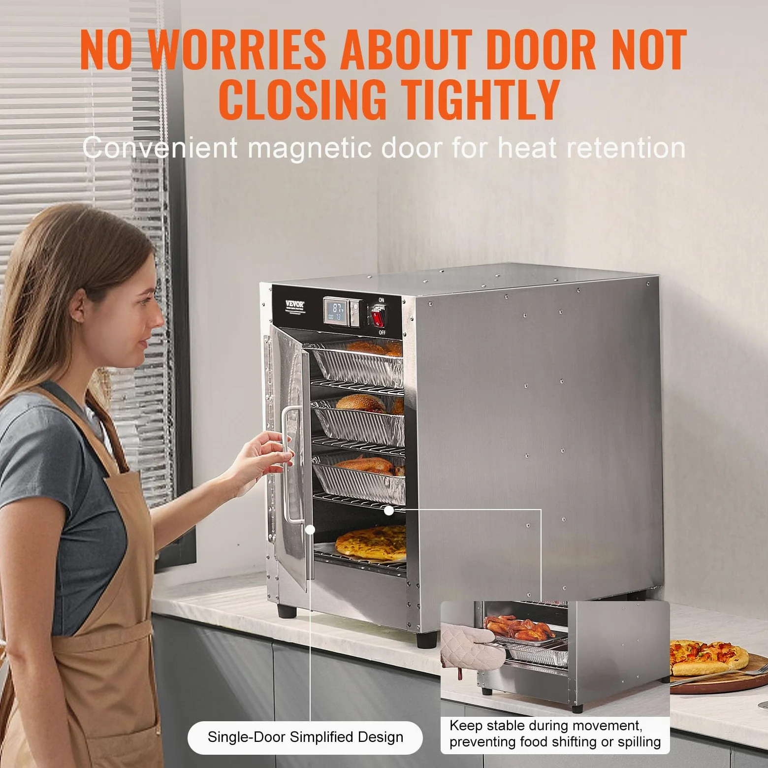 VEVOR Armoire Chauffante à 4 Niveaux, Étuve Traiteur avec Bac à Eau, Chauffe Assiettes Porte Simple et Étagères Réglables, en Acier Inoxydable, pour Pizza Poulet, Restaurant Cantine École, Argenté