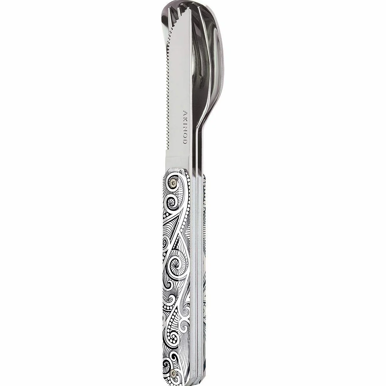 Akinod - Couverts Droits Aimantés 12H34 Arabesques - Fourchette, Couteau, Cuillère en Acier Inoxydable - Assemblage Aimanté - Nomades Compacts, Durables et Élégants