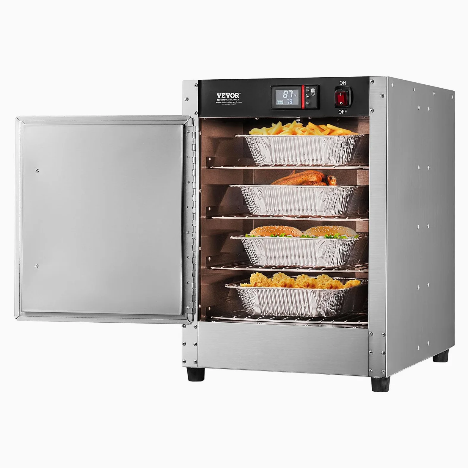 VEVOR Armoire Chauffante à 4 Niveaux, Étuve Traiteur avec Bac à Eau, Chauffe Assiettes Porte Simple et Étagères Réglables, en Acier Inoxydable, pour Pizza Poulet, Restaurant Cantine École, Argenté